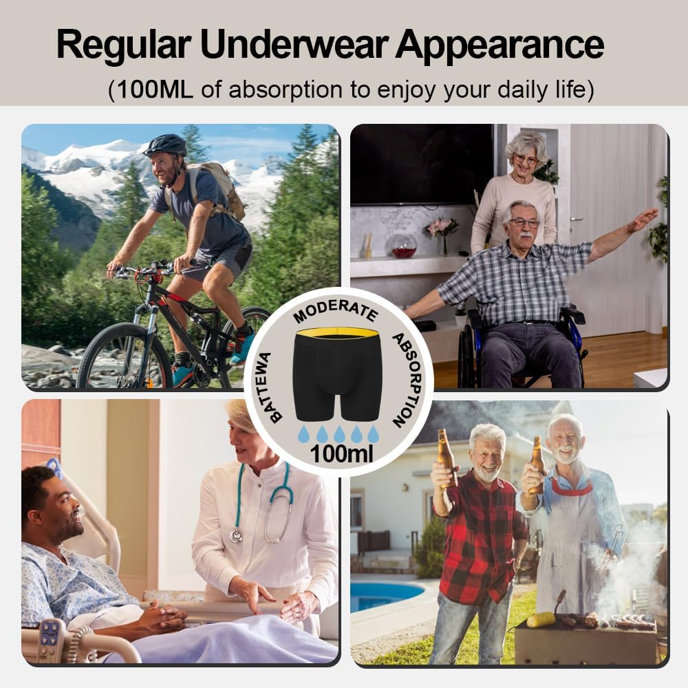 BATTEWA Full Coverage Incontinence Underwear for Men Overnight Leak Proof Boxer Briefs Protective Underpants for Male Bladder Control Absorbency 100ml, 3Pack (XL, Black)