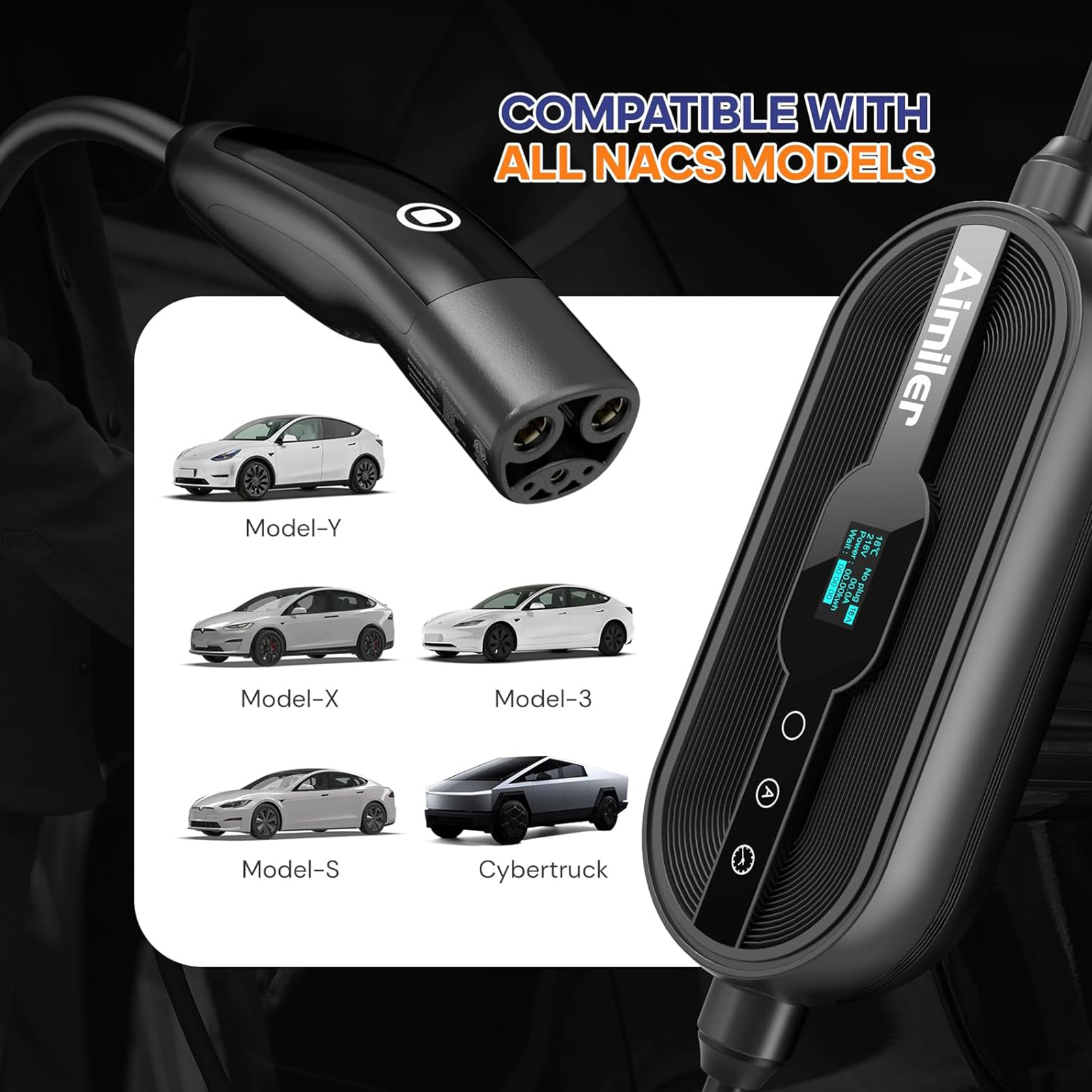 AIMILER Level 1/2 Tesla Charger(WIFI APP/Plug-play), 16A, 25ft Cable ETL Certified, 240V NEMA 6-20P Plug & 120V 5-15P Adapter, NACS Connector, Portable Electric Car EV Charger for Tesla Models Y/X/3/S