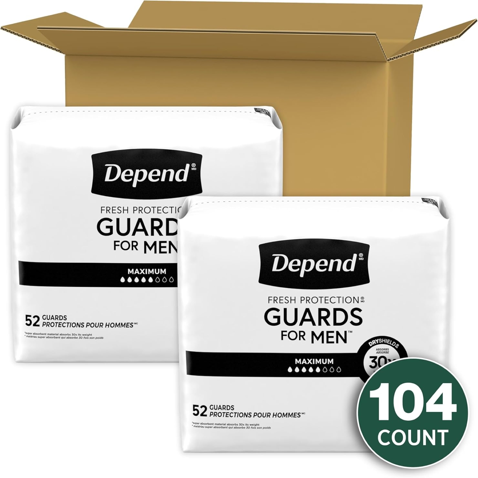Depend Incontinence Guards/Incontinence Pads for Men/Bladder Control Pads, Maximum Absorbency, 104 Count (2 Packs of 52), Packaging May Vary