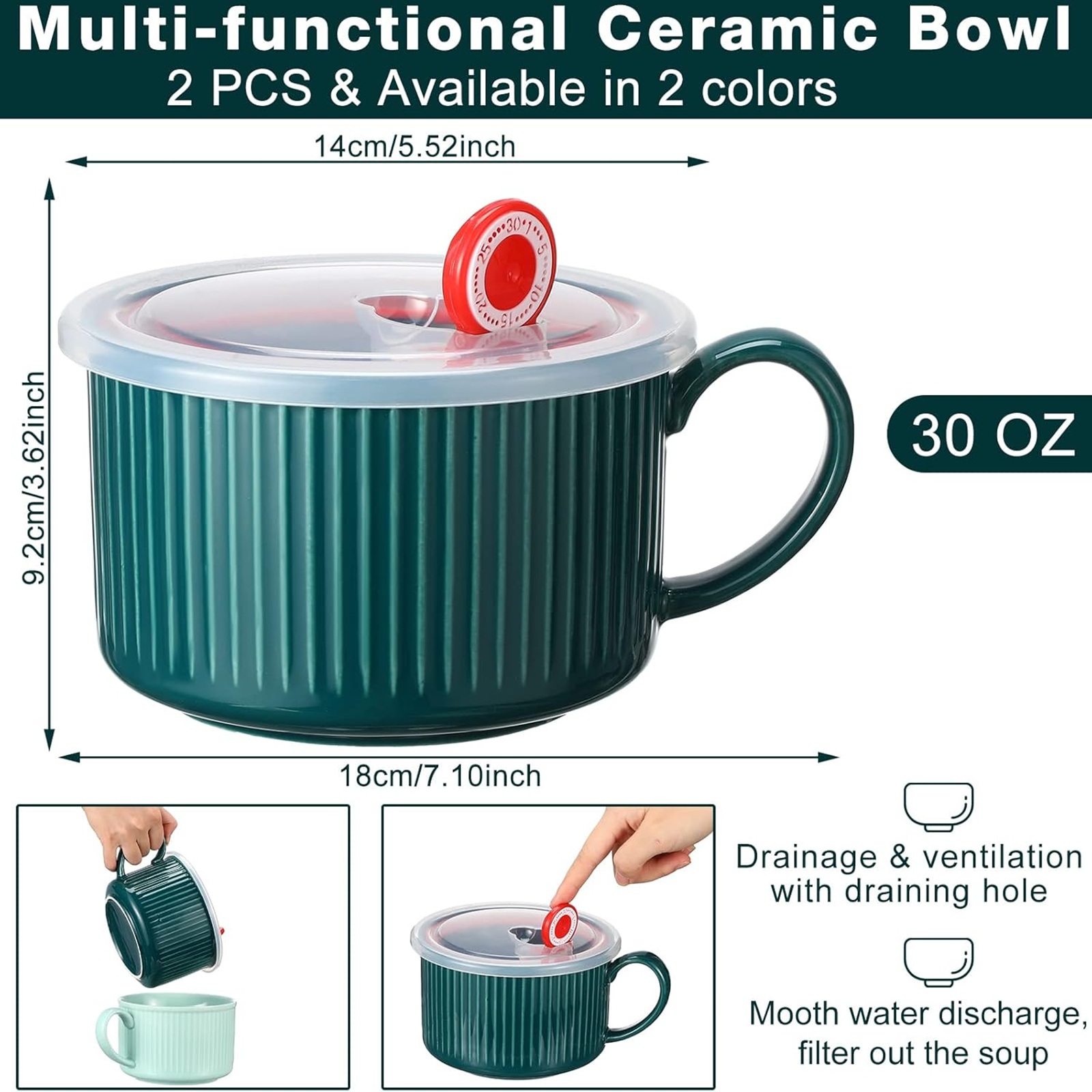Nuenen 2 Pcs Soup Bowls with Lids and Handles 30 oz Microwave Safe Ceramic Soup Mug Microwavable Ramen Containers with Lids Large Colorful Cups for Noodle Cereal kitchen(Blue, Dark Green)