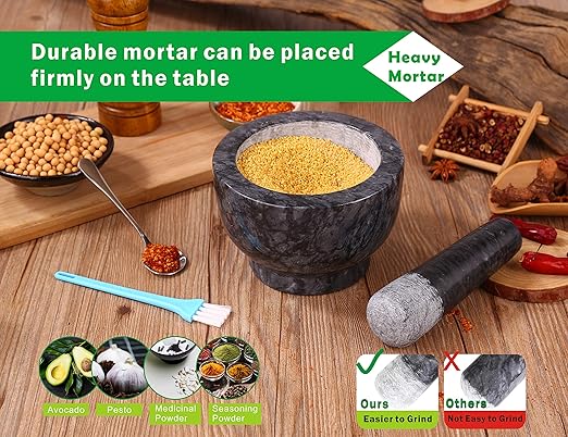 Mortar and Pestle Set Polished Natural Marble Guacamole Molcajete Bowl, Spices Grinder with Silicone Pad, Stainless Steel Spoon and Brush, 300ml Capacity Crusher(Medium, Dark Gray)