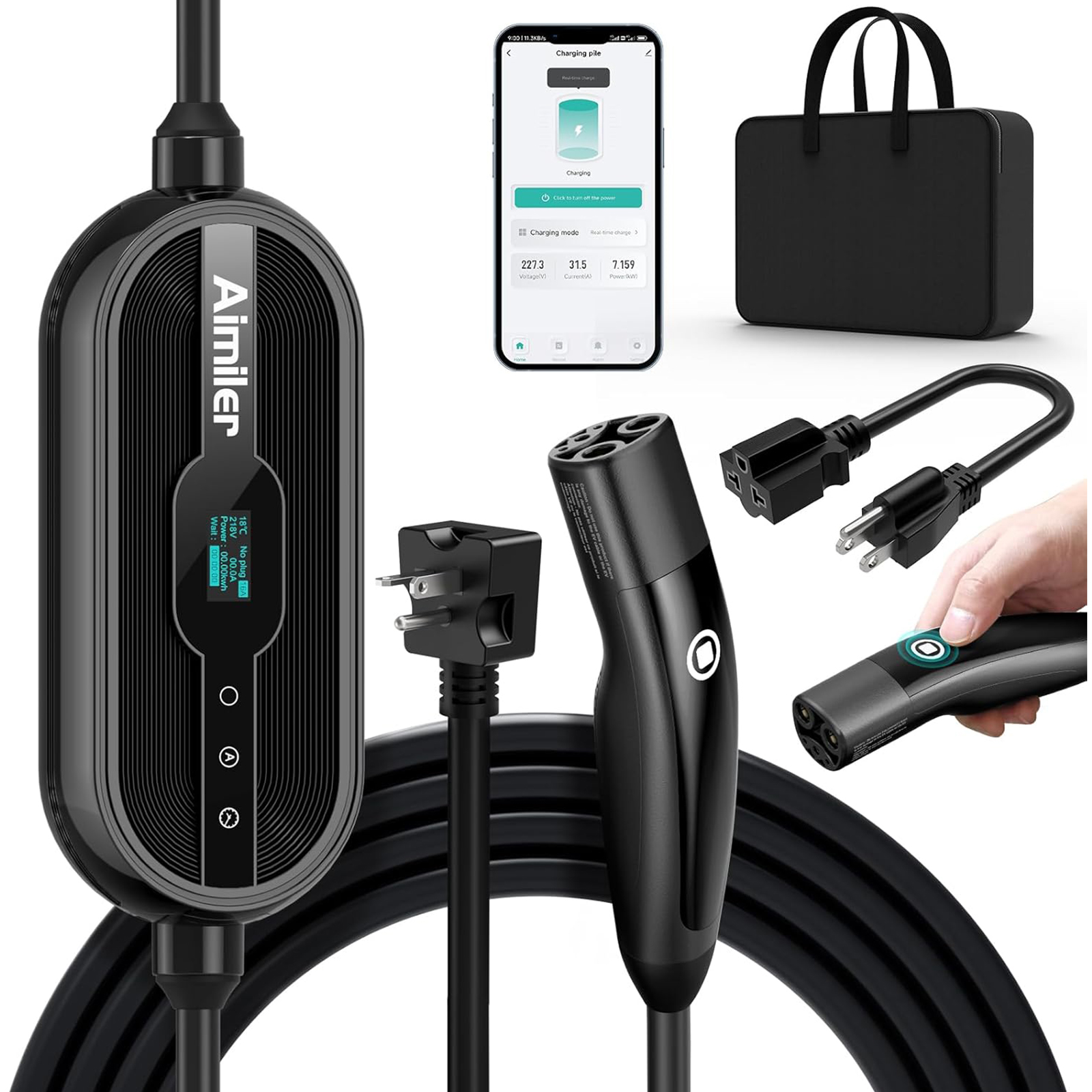 AIMILER Level 1/2 Tesla Charger(WIFI APP/Plug-play), 16A, 25ft Cable ETL Certified, 240V NEMA 6-20P Plug & 120V 5-15P Adapter, NACS Connector, Portable Electric Car EV Charger for Tesla Models Y/X/3/S