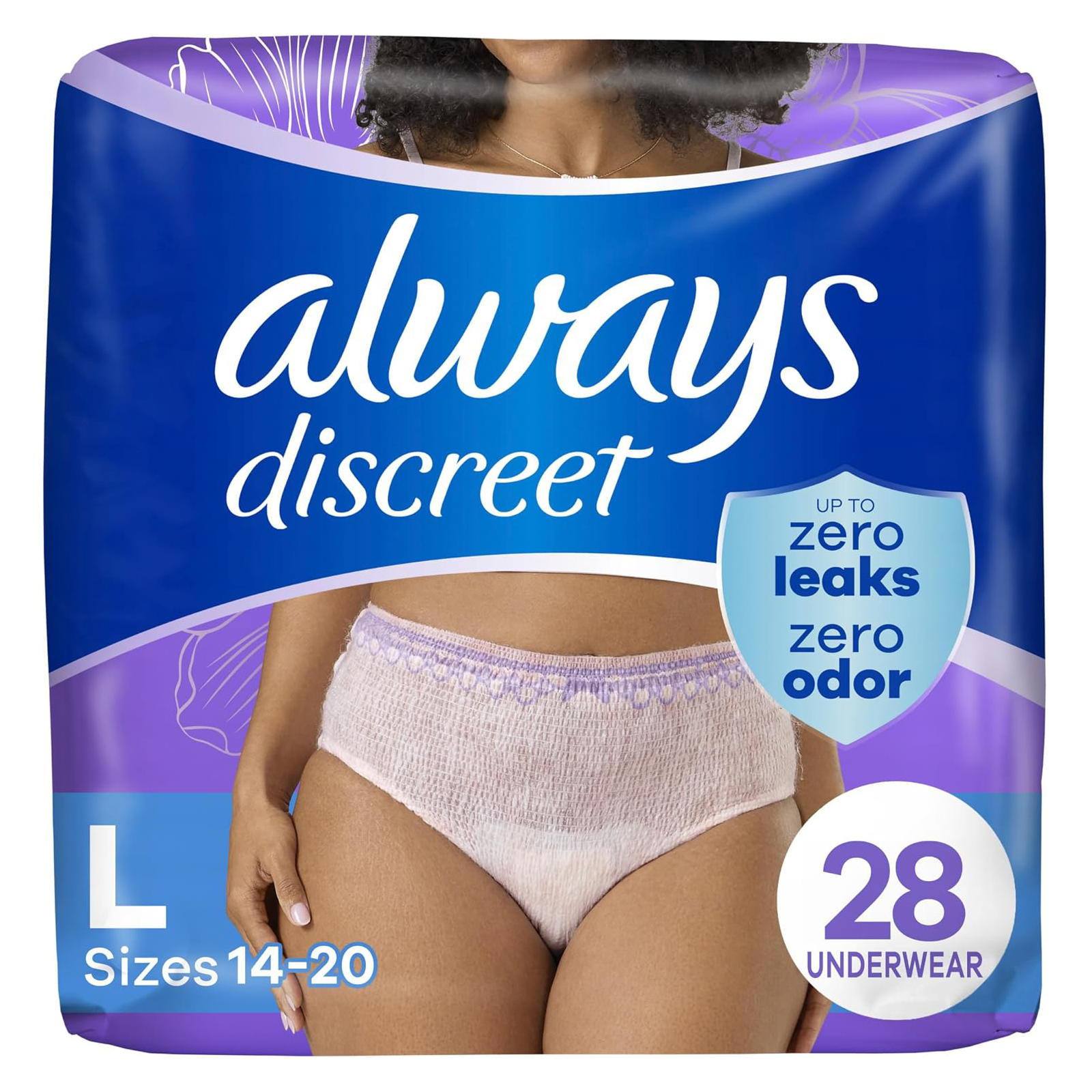 Always Discreet Adult Incontinence Underwear for Women and Postpartum Underwear, L, Up to 100% Bladder Leak Protection, 28 Count (Packaging May Vary)