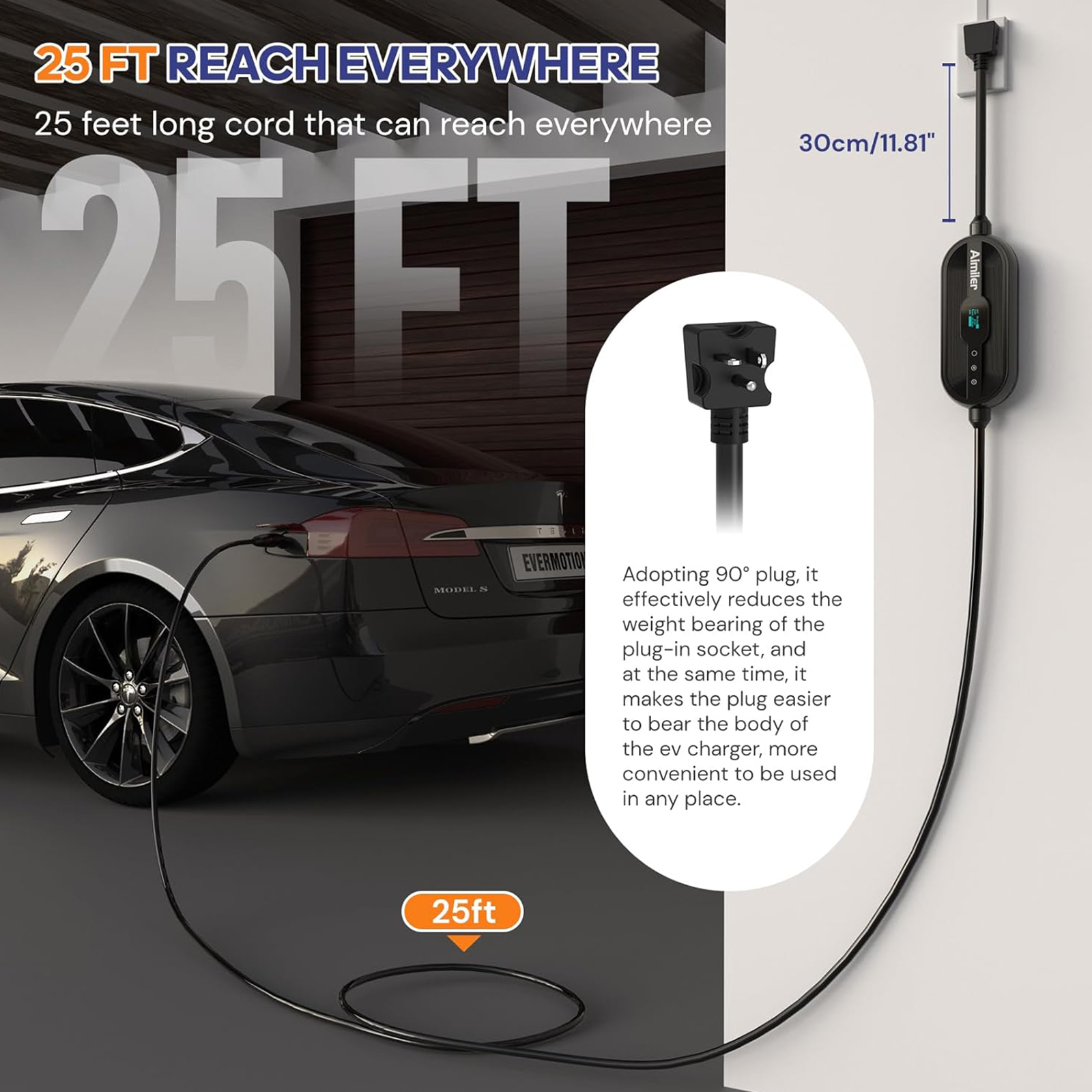 AIMILER Level 1/2 Tesla Charger(WIFI APP/Plug-play), 16A, 25ft Cable ETL Certified, 240V NEMA 6-20P Plug & 120V 5-15P Adapter, NACS Connector, Portable Electric Car EV Charger for Tesla Models Y/X/3/S