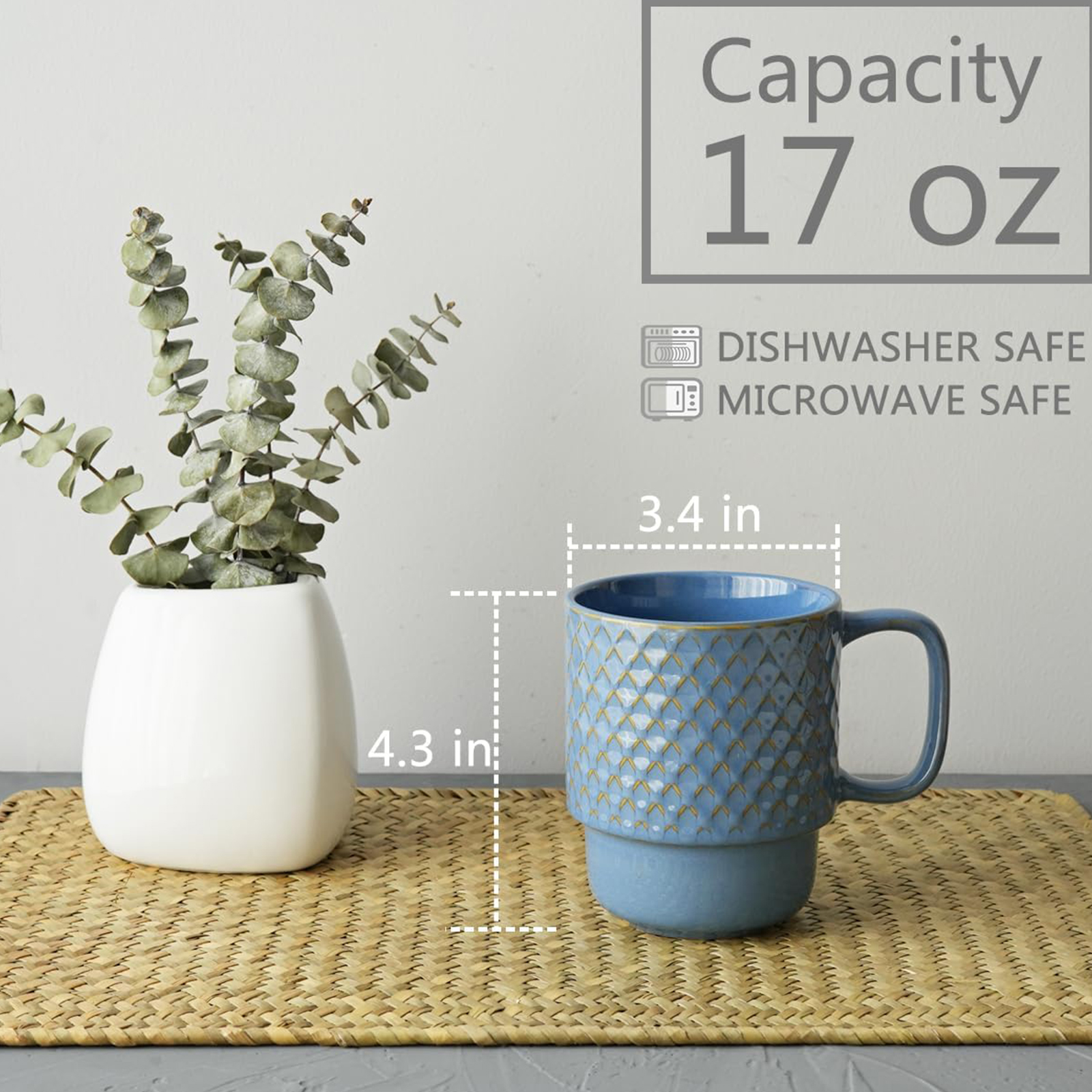 Bosmarlin Large Ceramic Stackable Coffee Mugs Set of 6, 17 Oz, Dishwasher and Microwave Safe (Blue, 17 Oz)