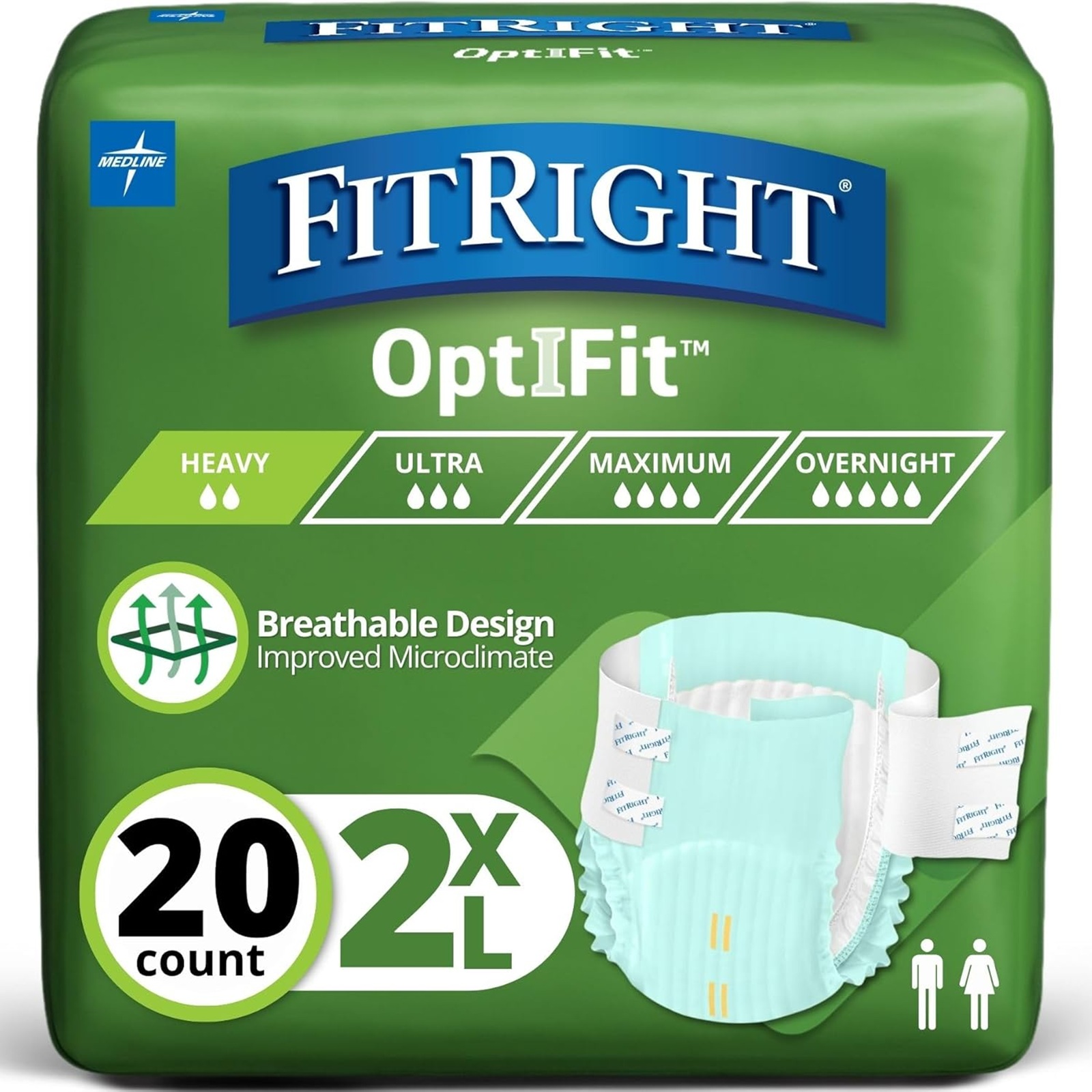 Extra OptiFit Heavy Absorbency Adult Diapers, FSA/HSA Eligible,20 Count, Waist Size 60"-70" ,2XL , Incontinence Briefs for Men and Women, Disposable, Moisture Wicking, Leak Protection