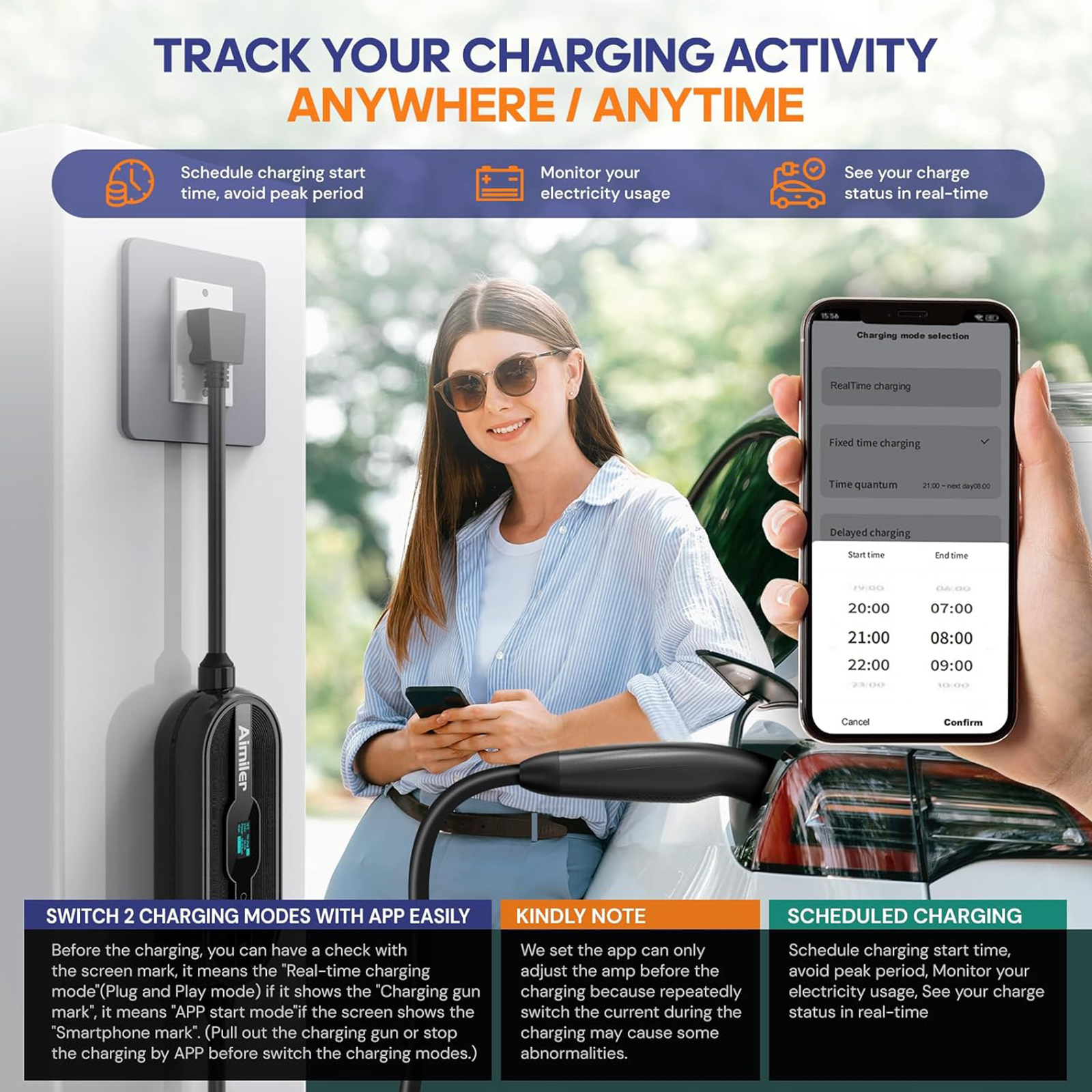 AIMILER Level 1/2 Tesla Charger(WIFI APP/Plug-play), 16A, 25ft Cable ETL Certified, 240V NEMA 6-20P Plug & 120V 5-15P Adapter, NACS Connector, Portable Electric Car EV Charger for Tesla Models Y/X/3/S