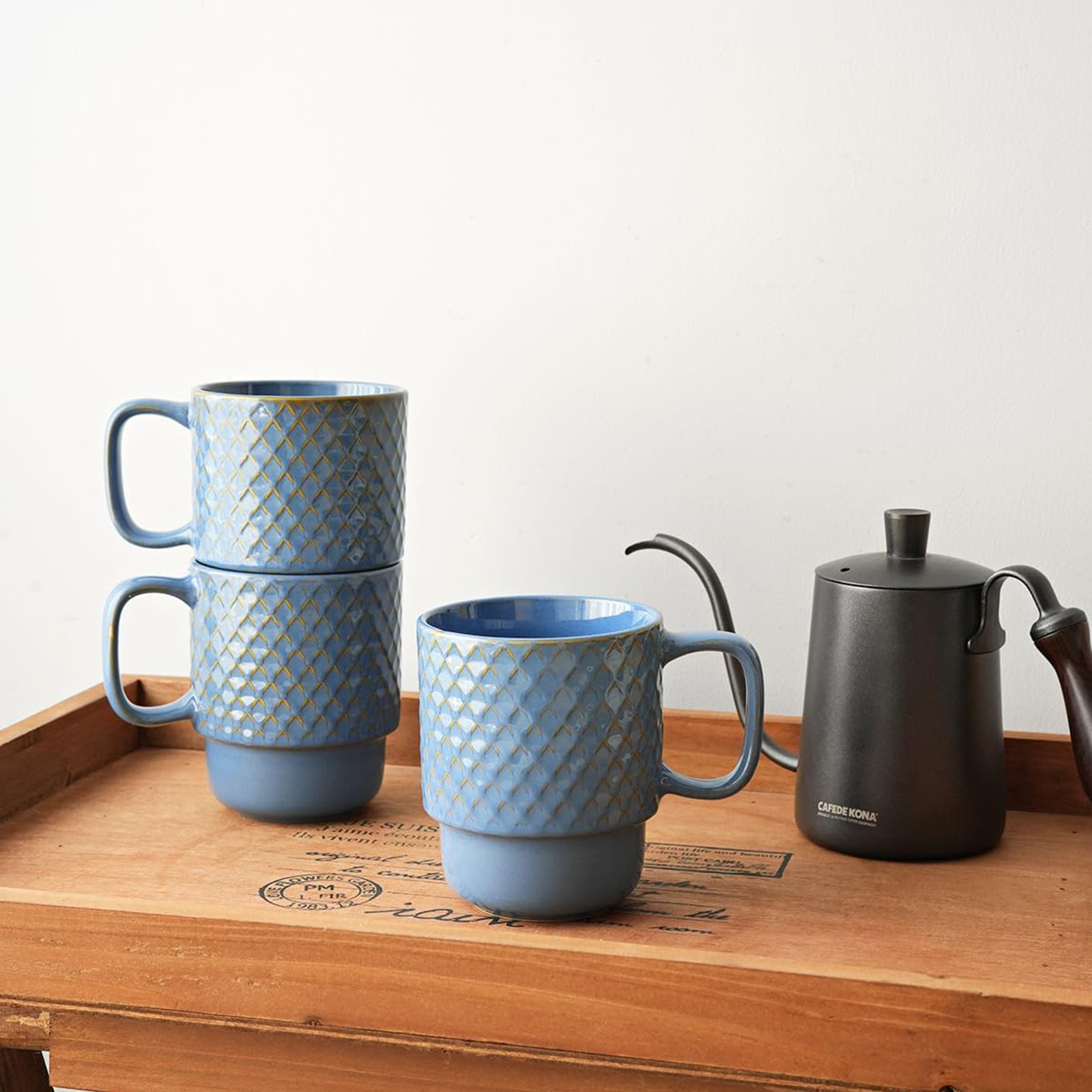 Bosmarlin Large Ceramic Stackable Coffee Mugs Set of 6, 17 Oz, Dishwasher and Microwave Safe (Blue, 17 Oz)