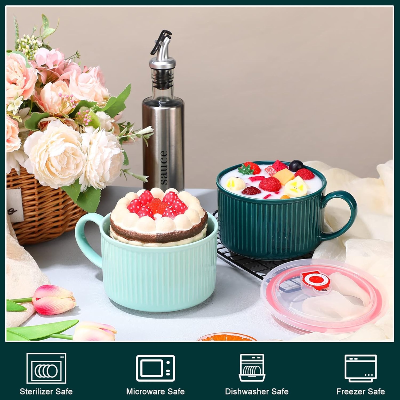 Nuenen 2 Pcs Soup Bowls with Lids and Handles 30 oz Microwave Safe Ceramic Soup Mug Microwavable Ramen Containers with Lids Large Colorful Cups for Noodle Cereal kitchen(Blue, Dark Green)
