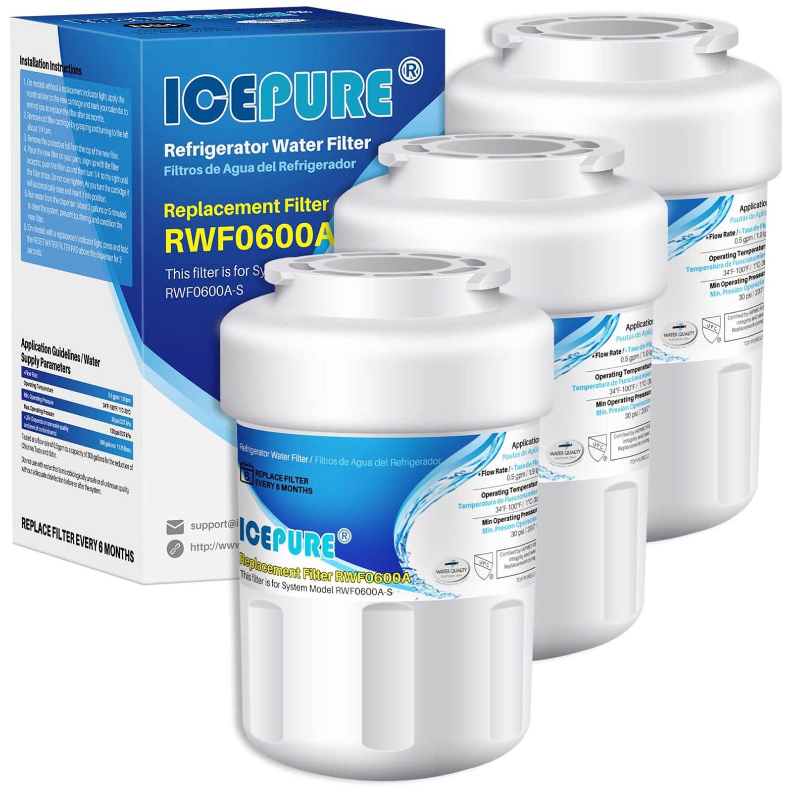 ICEPURE RWF0600A Refrigerator Water Filter Compatible for GE MWF, MWFINT, 3-Pack