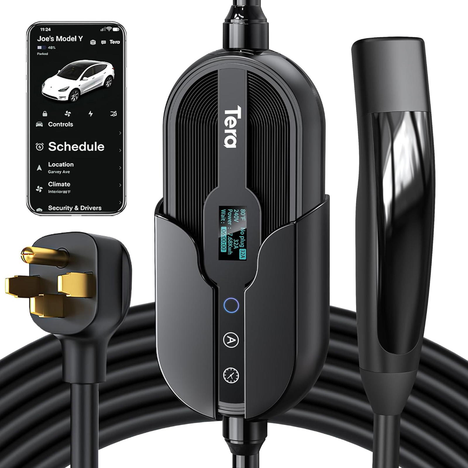 Tera Tesla Charger Level 2 32A 240V (NACS) - NEMA 14-50, 25FT, Wi-Fi, Black
