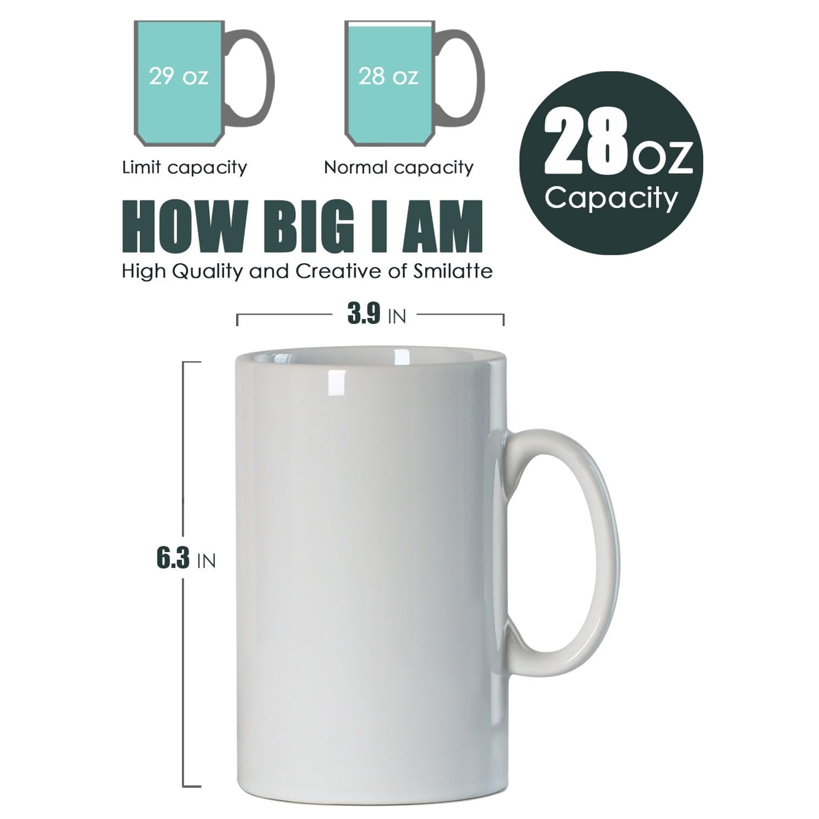 Smilatte 28 OZ Extra Large Ceramic Coffee Mug, M018 Classic Porcelain Boss Super Big Tea Cup with Handle for Office and Home, White
