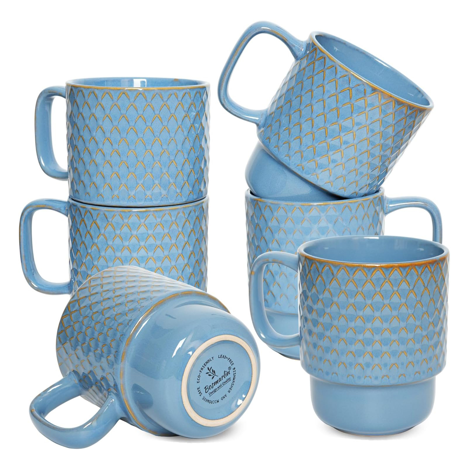 Bosmarlin Large Ceramic Stackable Coffee Mugs Set of 6, 17 Oz, Dishwasher and Microwave Safe (Blue, 17 Oz)