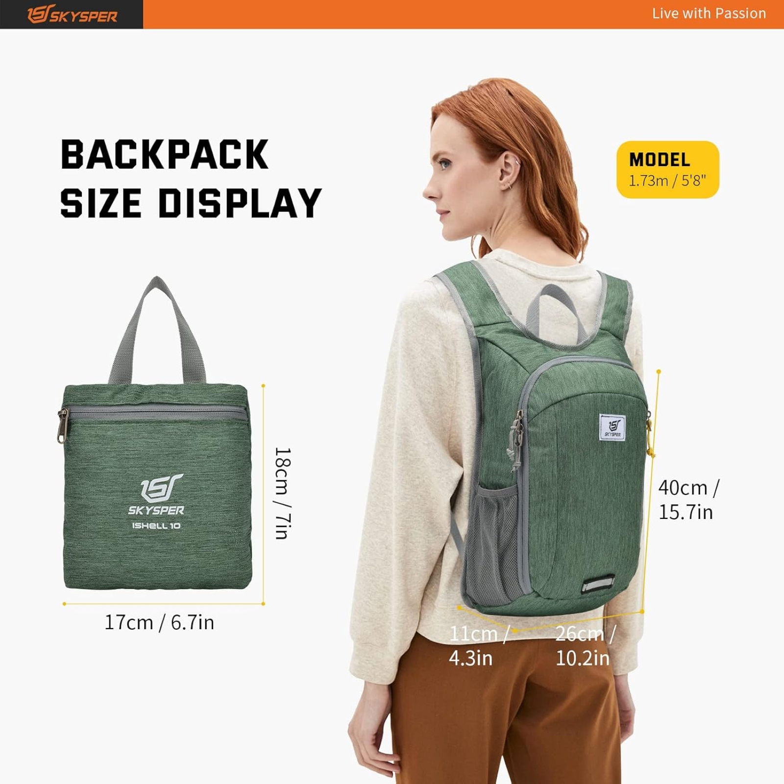 SKYSPER Small Daypack 10L Hiking Backpack Packable Lightweight Travel Day Pack for Women Men ( Green)