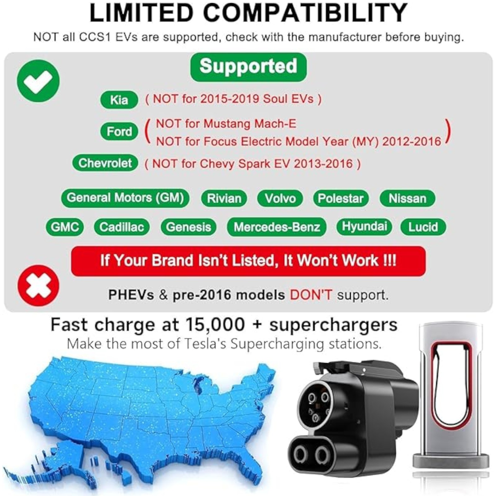 KATZEIST NACS to CCS1 Adapter for Tesla Supercharger | Fast Charge EVs 500A 1000V Max | Fits V3/V4 Stations