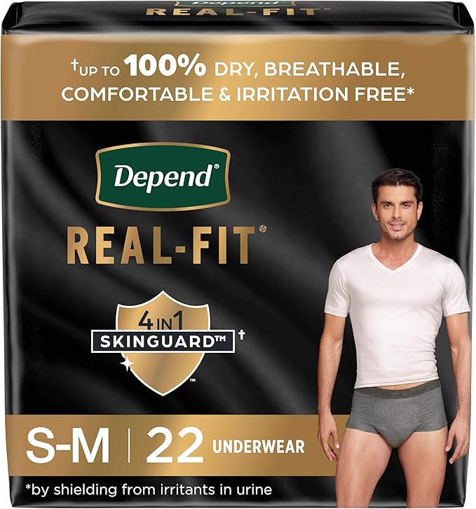 Depend Real Fit Incontinence Underwear for Men, Disposable, Maximum Absorbency, Small/Medium, Grey, 22 Count, Packaging May Vary