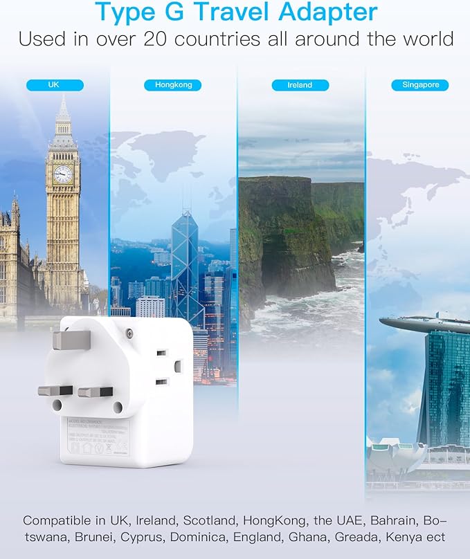 2 Pack US to UK Ireland Travel Plug Adapter, Type G Power Plug Adapter with 3 Outlets 3 USB Ports(2 USB C), European Travel Plug Adapter for USA to England London Scotland British Qatar Irish HongKong