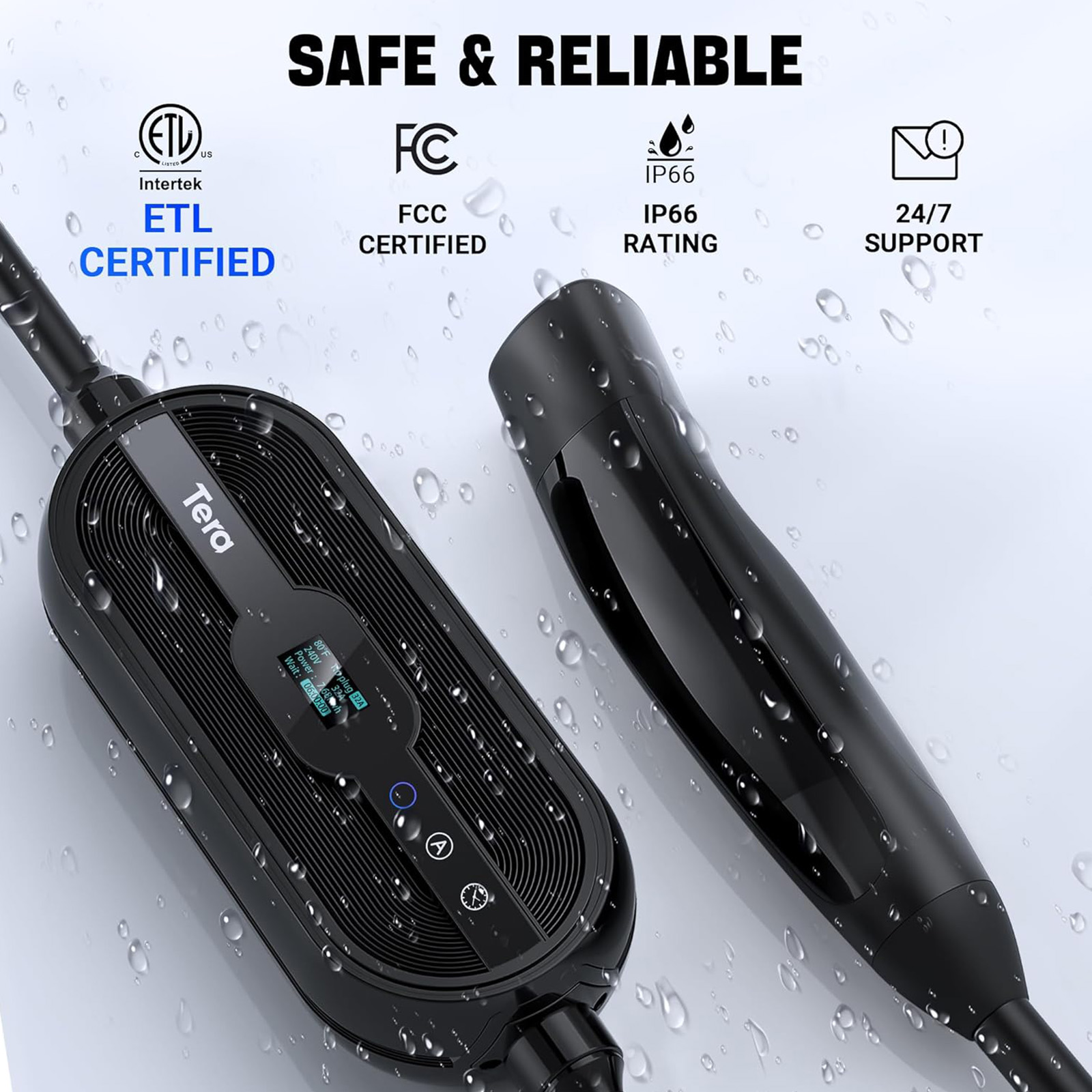 Tera Tesla Charger Level 2 32A 240V (NACS) - NEMA 14-50, 25FT, Wi-Fi, Black