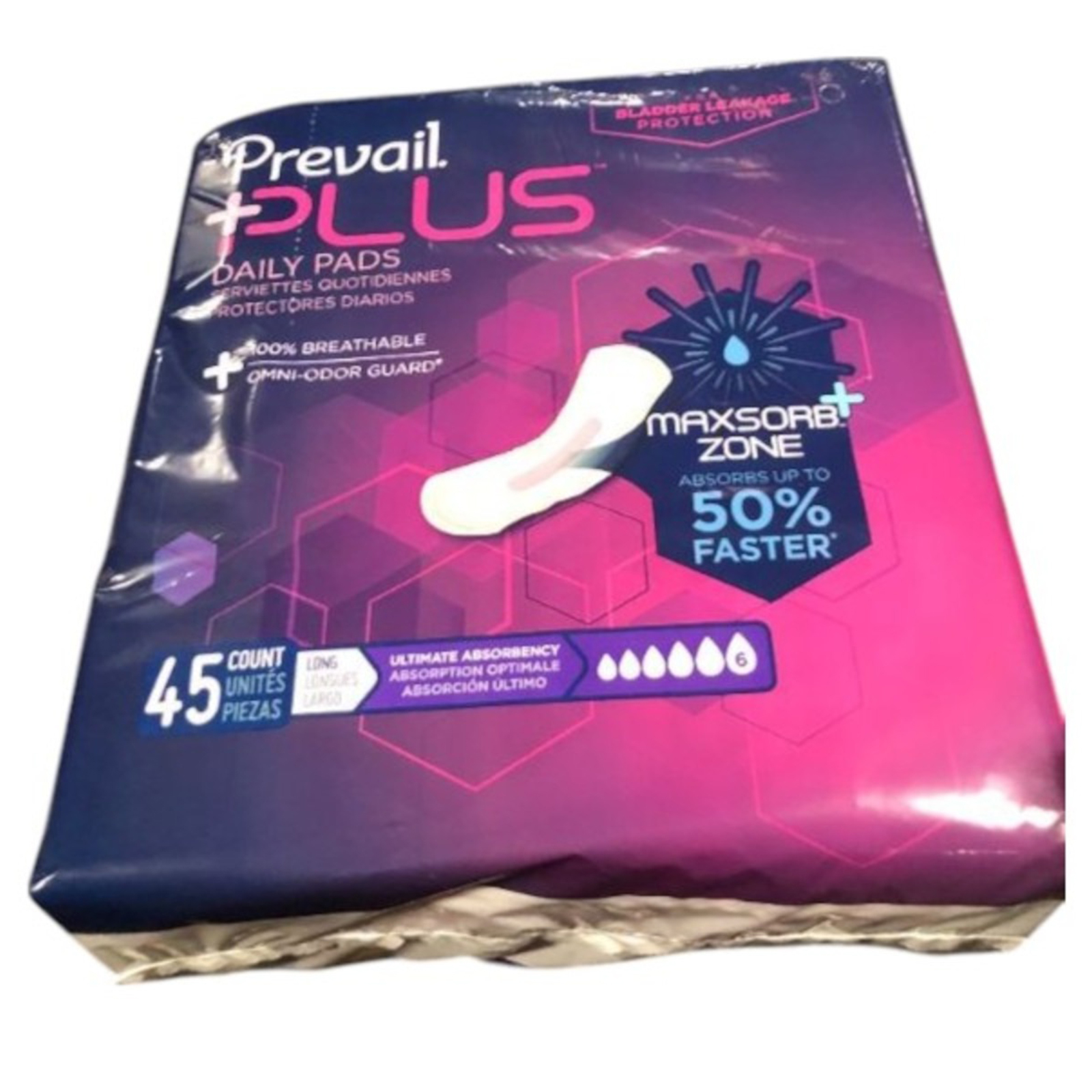 Prevail Plus | Long Length Incontinence Bladder Control Pads | Ultimate Absorbency | 45 Count