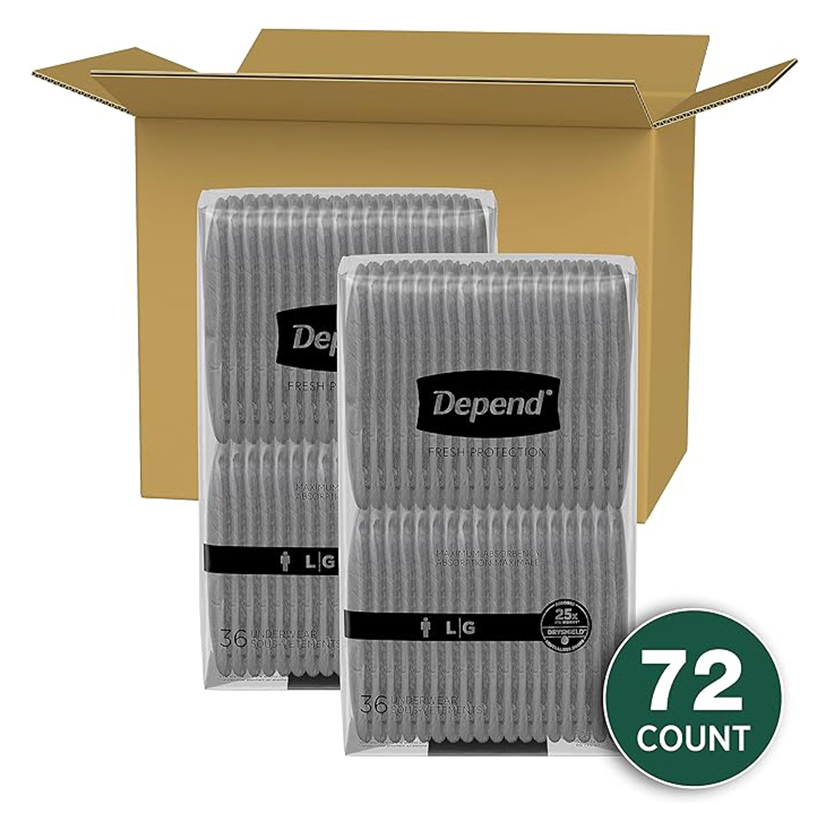 Depend Fresh Protection Adult Incontinence Underwear for Men, Disposable, Maximum, Large, Grey, 72 Count (2 Packs of 36), Packaging May Vary
