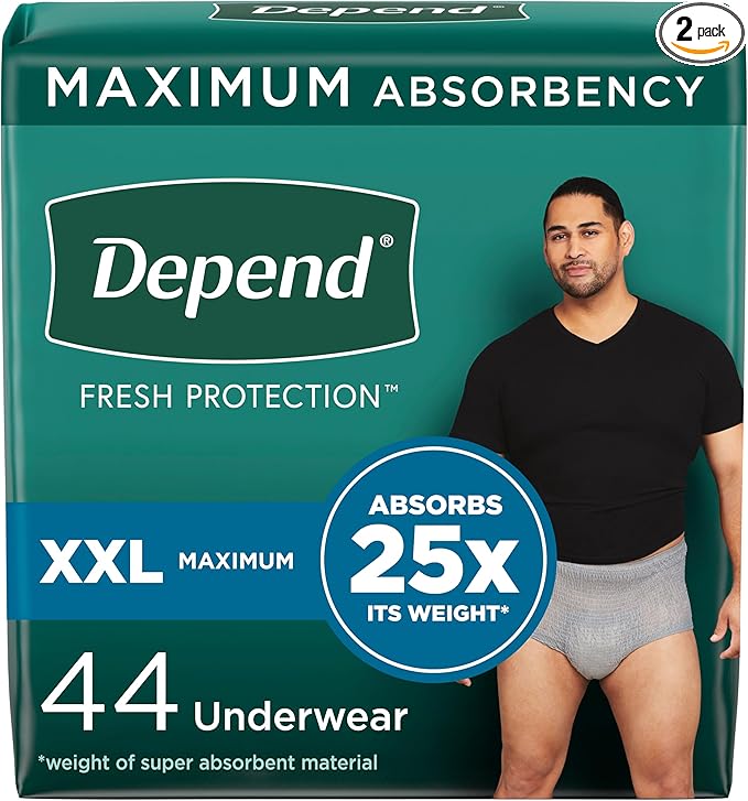 Depend Fresh Protection Adult Incontinence Underwear for Men, Disposable, Maximum, Extra-Extra-Large, Grey, 44 Count (2 Packs of 22), Packaging May Vary