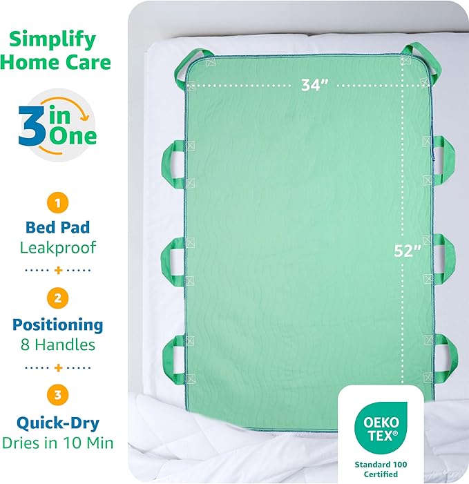 Improvia Positioning Bed Pad 34"x52" with 8 Reinforced Handles, Quick-Drying, Washable, Waterproof, Reusable, Mattress Protection, For Lifting, Turning, Transfering, Elderly and Incontinence patients.