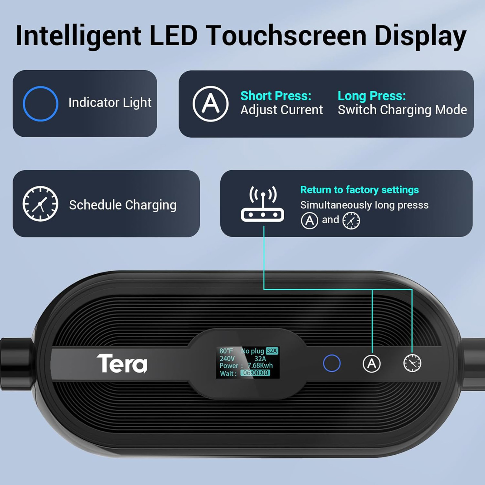 Tera Tesla Charger Level 2 32A 240V (NACS) - NEMA 14-50, 25FT, Wi-Fi, Black