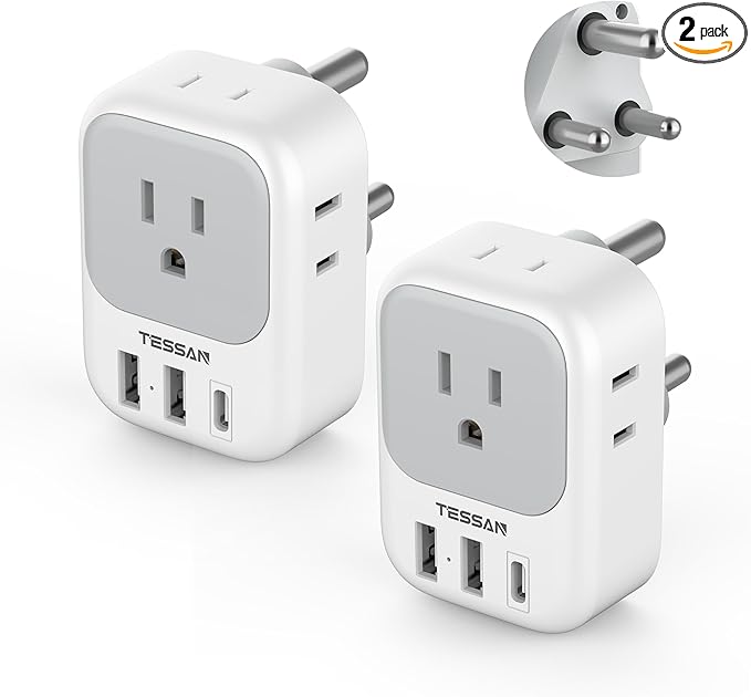South Africa Plug Adapter 2 Pack, TESSAN Type M Power Adapter with 4 AC Outlets 3 USB Ports(1 USB C), Adaptor US to Botswana Namibia Nepal Bhutan