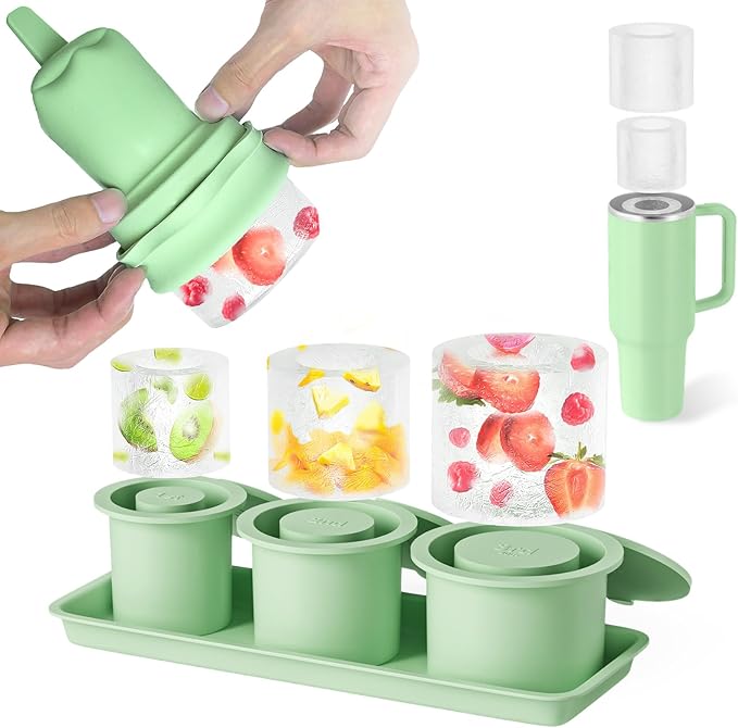 Ice Cube Tray for Tumbler Cup 40 Oz, 3 Separate Silicone Ice Mold for Stanley Cup with Lid & Tray, Easy Fill and 3-5 s Quickly De-molds Ice Maker for Whiskey, Cocktail