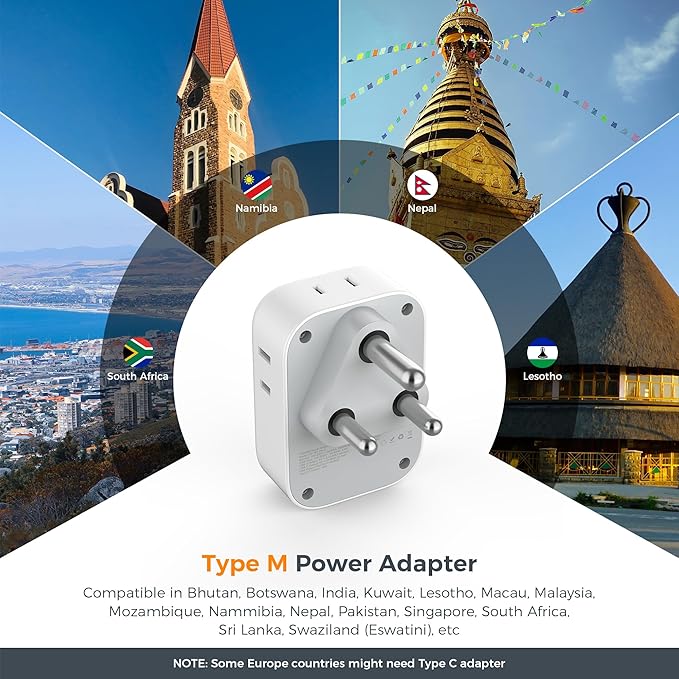 South Africa Plug Adapter 2 Pack, TESSAN Type M Power Adapter with 4 AC Outlets 3 USB Ports(1 USB C), Adaptor US to Botswana Namibia Nepal Bhutan