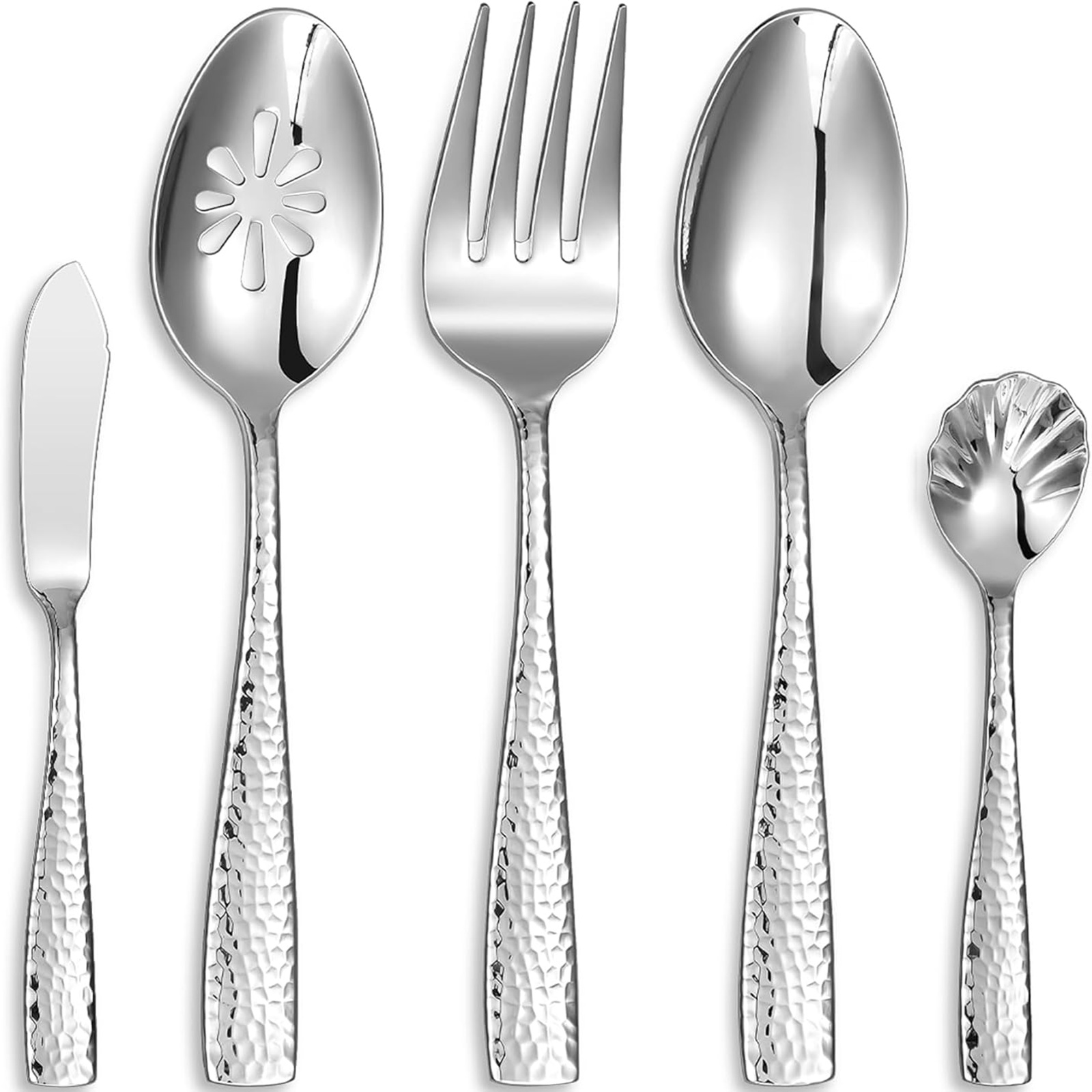 KEAWELL Premium Louis Hammered Serving Utensils, 18/10 Stainless Steel, Squared Edge Design, Mirror Finish, Dishwasher Safe (Hostess Serving Utensil Set)