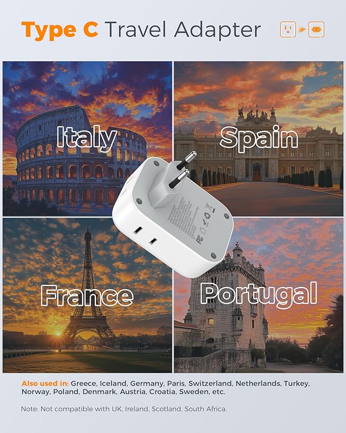 European Travel Plug Adapter USB C, TESSAN International Plug Adapter with 4 AC Outlets 3 USB Charging Ports, Type C Europe Power Adaptor for US to EU France Germany Iceland Spain Italy