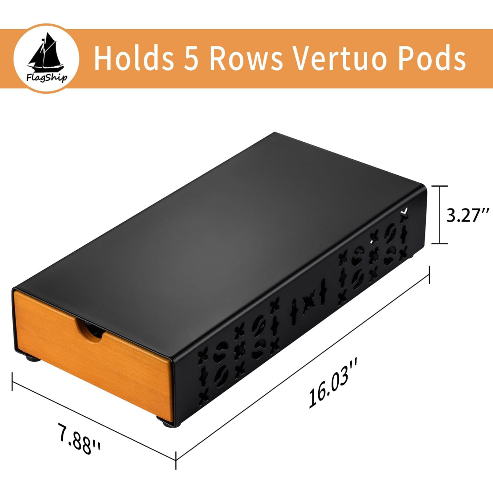 Flagship Coffee Pod Holder for Nespresso Vertuo Pod Organizer Fits All Vetuo Pods Black Metal With Wood Handle