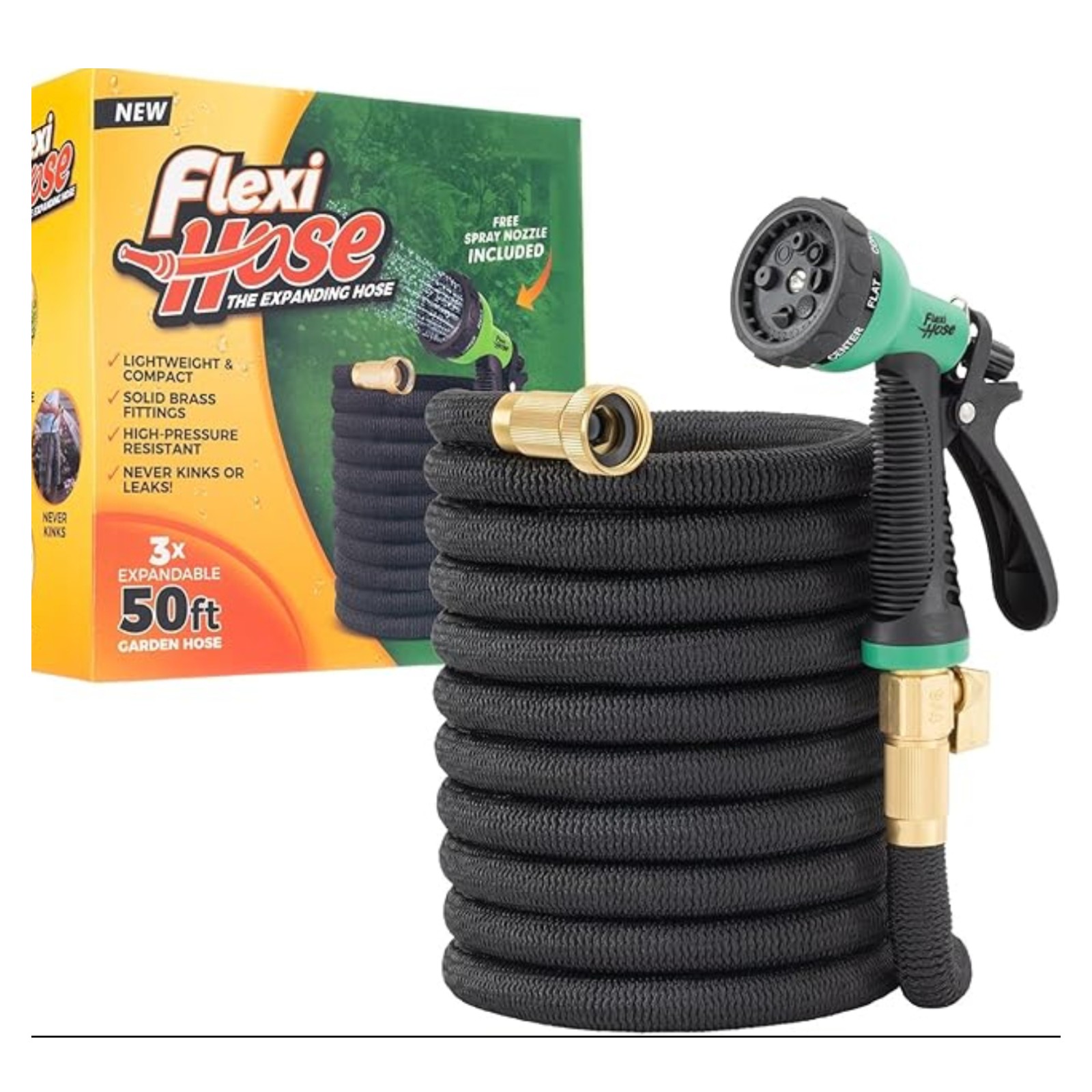 Flexi Hose with 8 Function Nozzle, 50FT - Lightweight Expandable Garden Hose, No-Kink Flexibility, 3/4 Inch Solid Brass Fittings and Double Latex Core