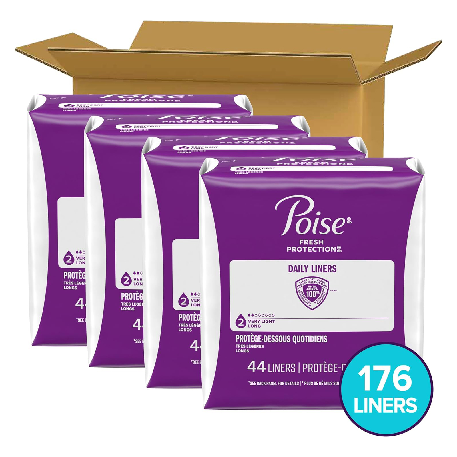 Poise Daily Liners, Incontinence Panty Liners, 2 Drop Very Light Absorbency, Long Length, 176 Count of Pantiliners (4 Packs of 44), Packaging May Vary