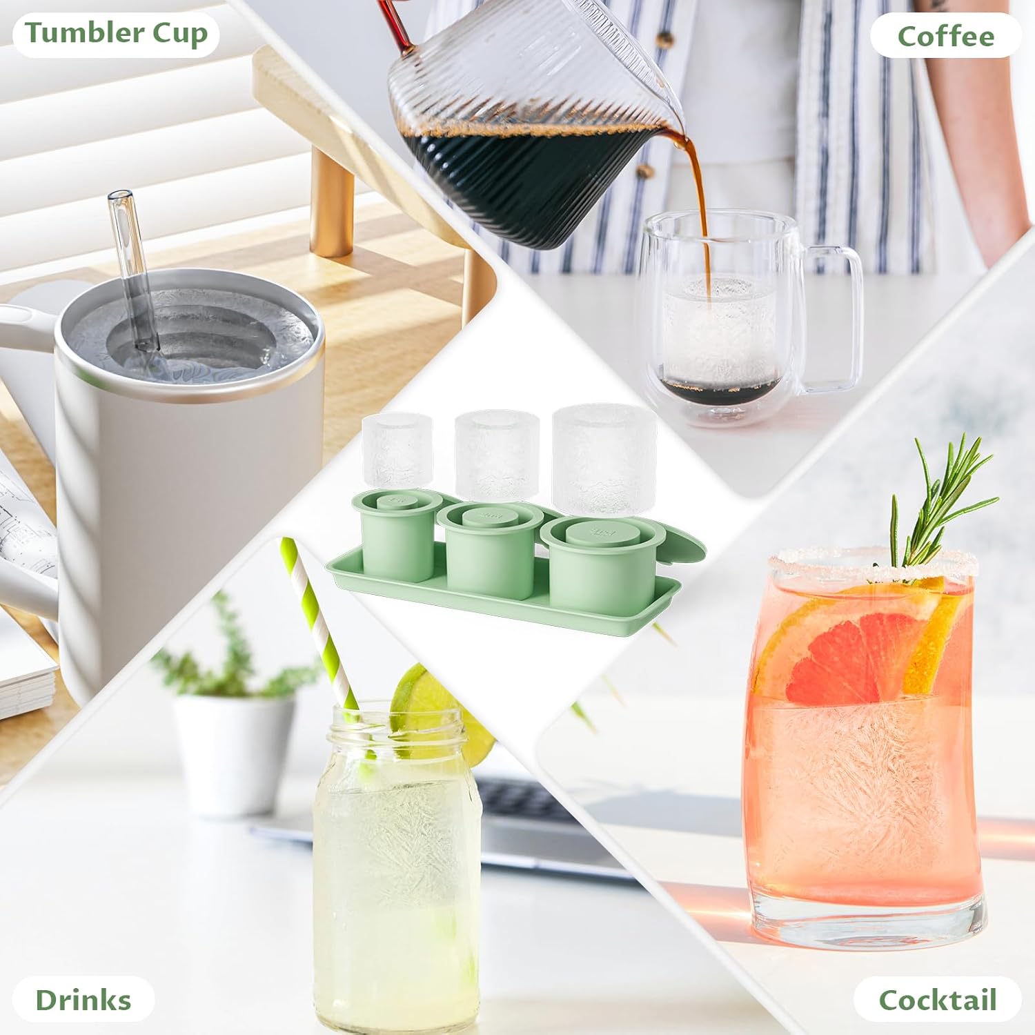 Ice Cube Tray for Tumbler Cup 40 Oz, 3 Separate Silicone Ice Mold for Stanley Cup with Lid & Tray, Easy Fill and 3-5 s Quickly De-molds Ice Maker for Whiskey, Cocktail