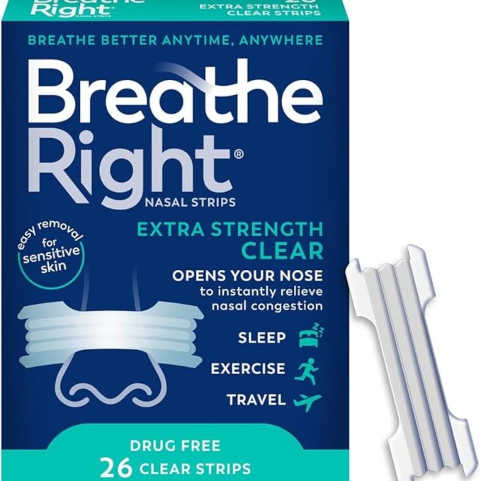 Breathe Right Nasal Strips | Extra Strength | Clear Nasal Strips | For Sensitive Skin | Help Stop Snoring | Drug-Free Snoring Solution & Nasal Congestion Relief Caused by Colds & Allergies | 26 Count