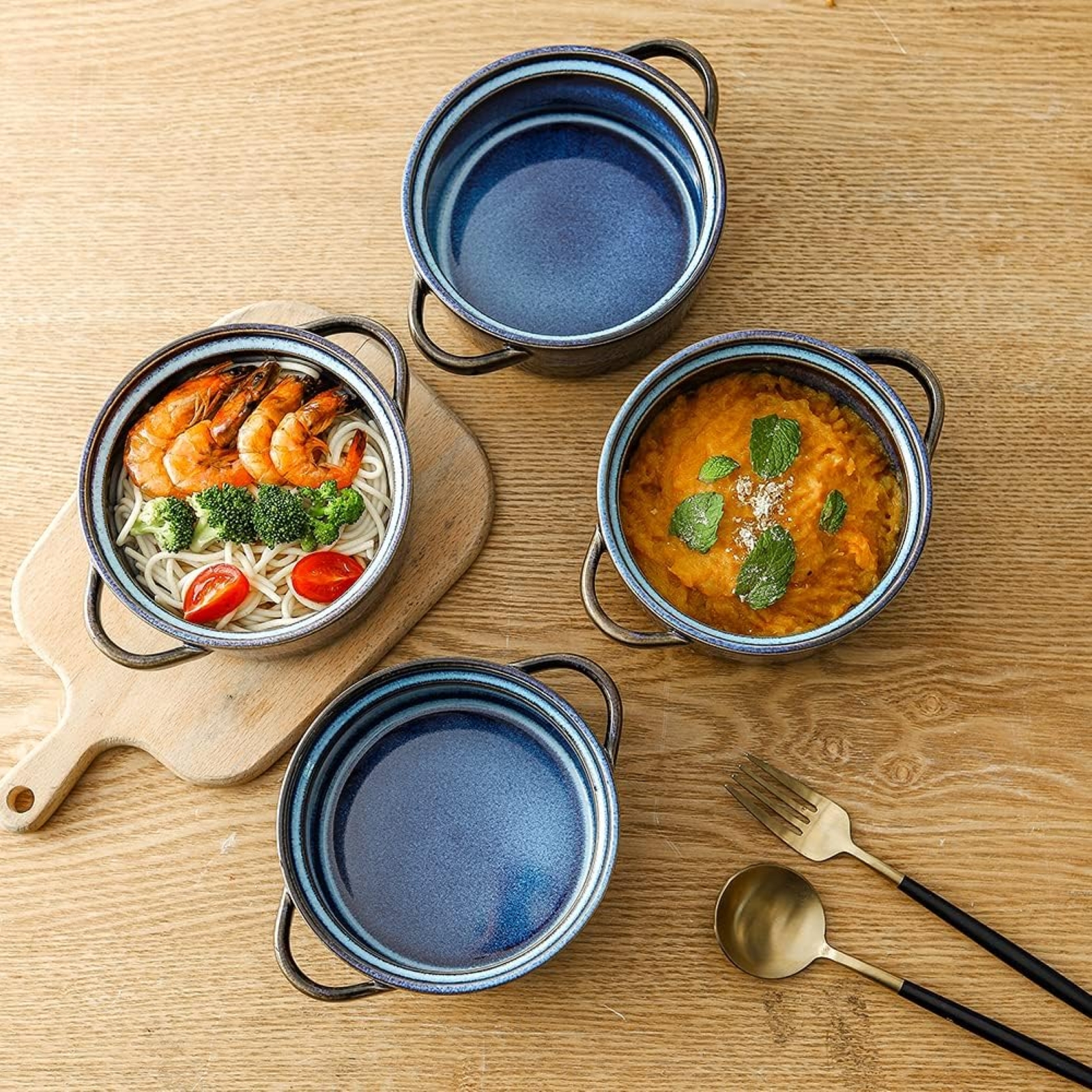 Porcelain Soup Bowls With Handles Microwave Safe, Soup Bowls Large, 24 Ounce for Soup, Cereal, Stew, French Onion Soup Bowl, Reactive Glaze Set of 4 (Nebula Blue)