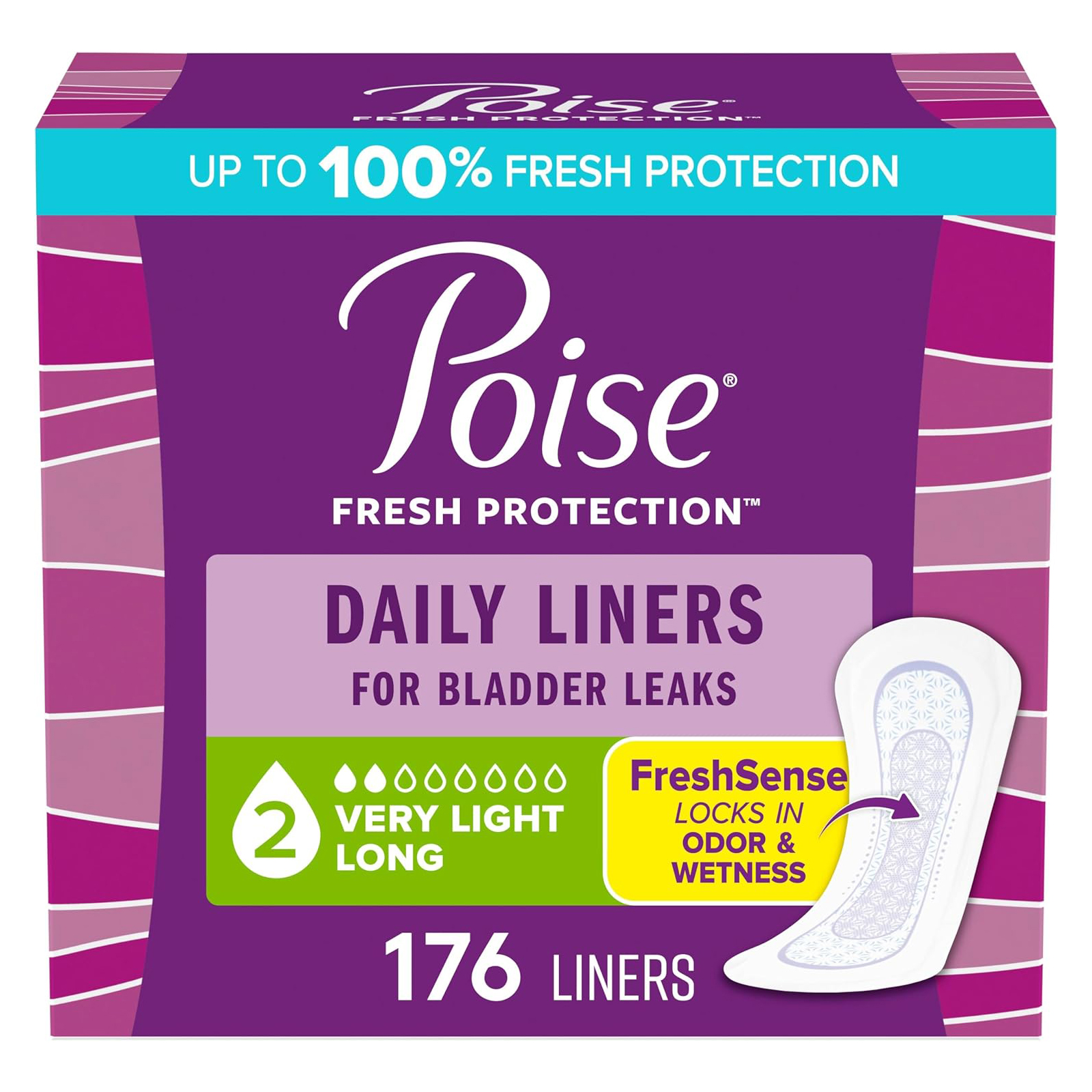 Poise Daily Liners, Incontinence Panty Liners, 2 Drop Very Light Absorbency, Long Length, 176 Count of Pantiliners (4 Packs of 44), Packaging May Vary