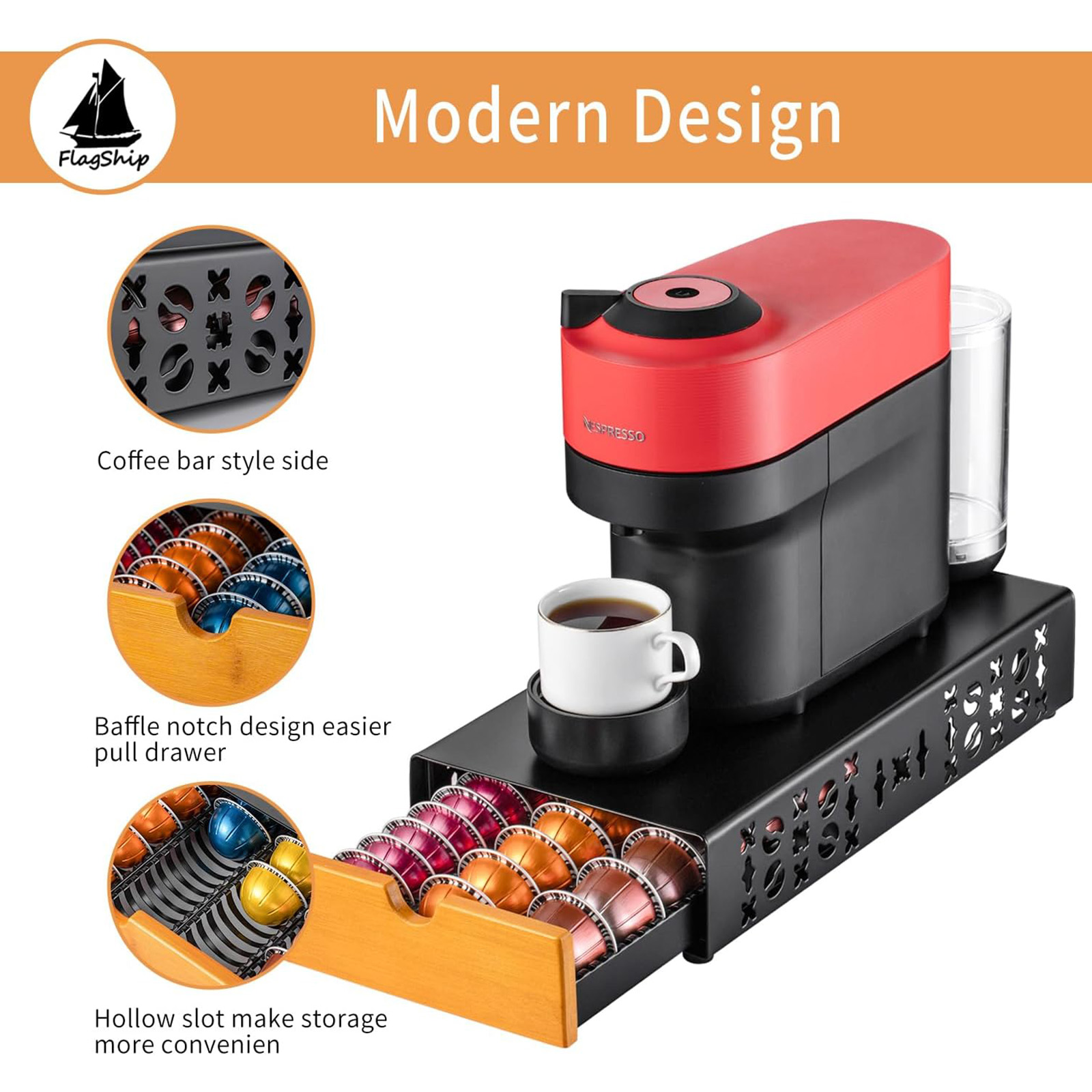 Flagship Coffee Pod Holder for Nespresso Vertuo Pod Organizer Fits All Vetuo Pods Black Metal With Wood Handle