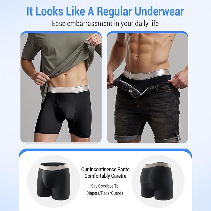 Carer Mens Incontinence Underwear Washable 150ml Absorbent Leak Proof Underwear for Men Bladder Leak with Front Fly Reusable Mens Urinary Incontinence Boxer Briefs 4pk 2XL (2 Black/2 Gray)