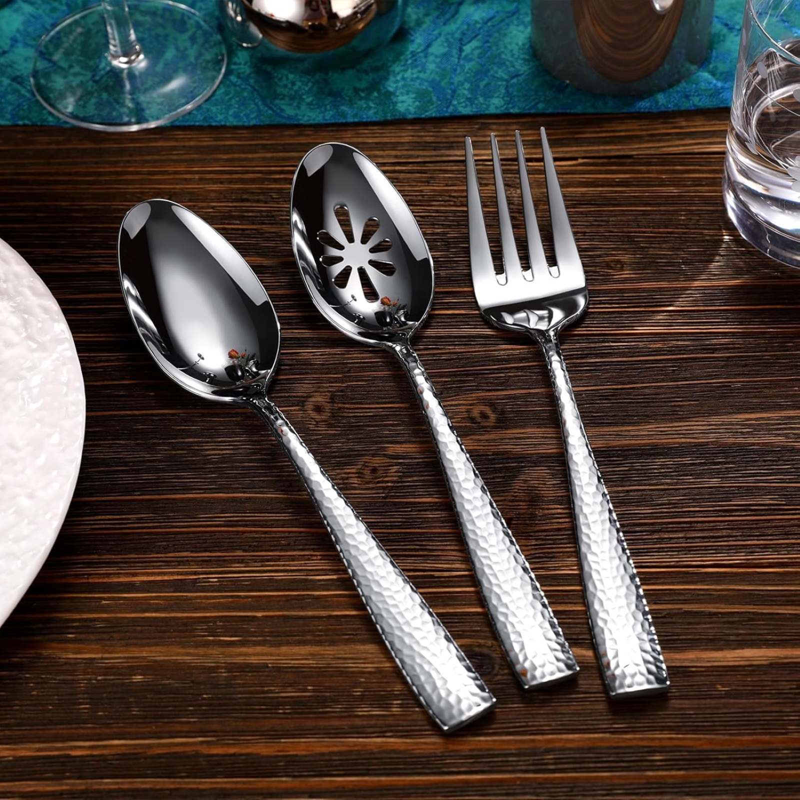 KEAWELL Premium Louis Hammered Serving Utensils, 18/10 Stainless Steel, Squared Edge Design, Mirror Finish, Dishwasher Safe (Hostess Serving Utensil Set)