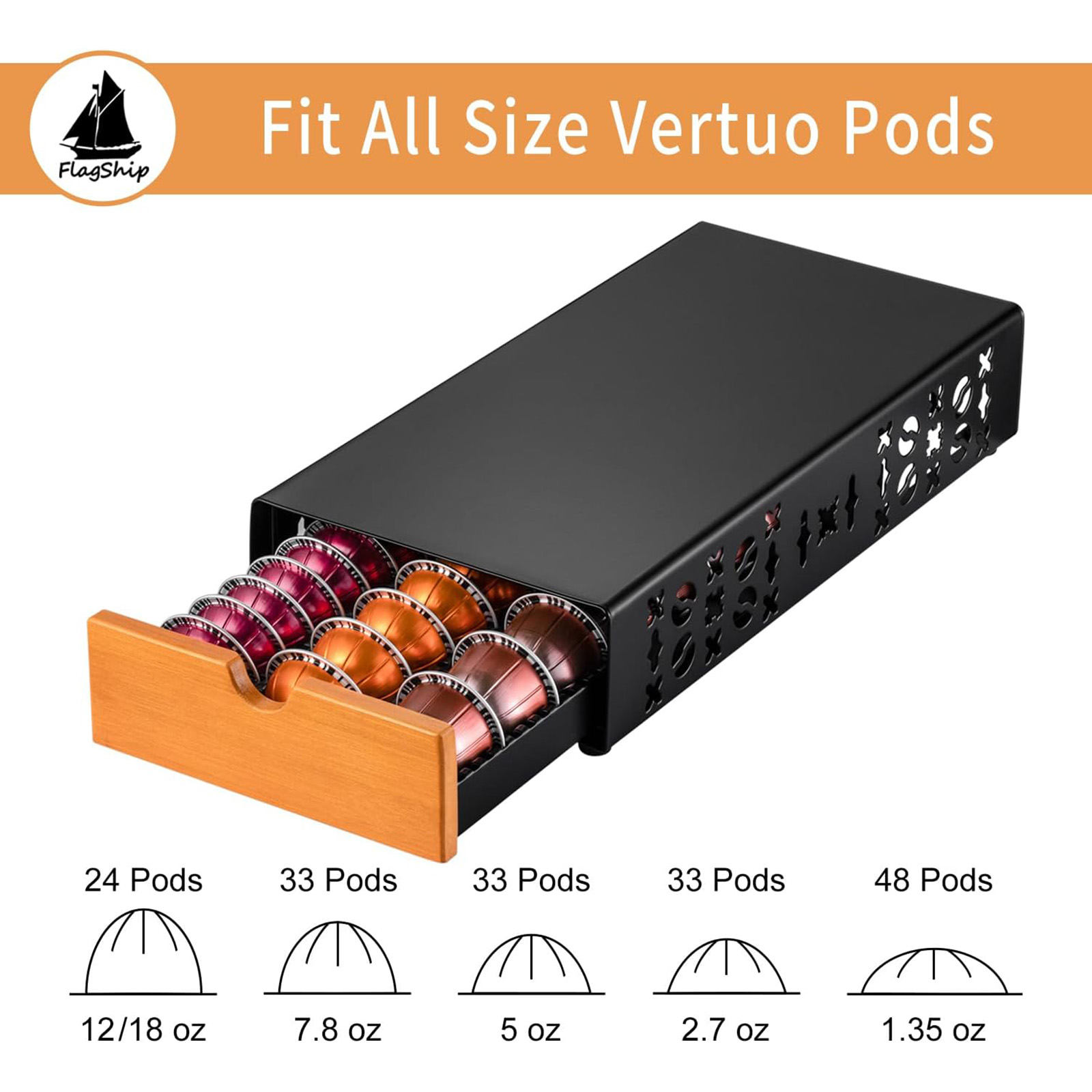 Flagship Coffee Pod Holder for Nespresso Vertuo Pod Organizer Fits All Vetuo Pods Black Metal With Wood Handle