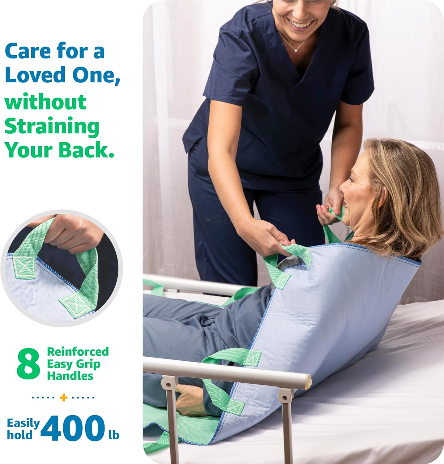 Improvia Positioning Bed Pad 34"x52" with 8 Reinforced Handles, Quick-Drying, Washable, Waterproof, Reusable, Mattress Protection, For Lifting, Turning, Transfering, Elderly and Incontinence patients.