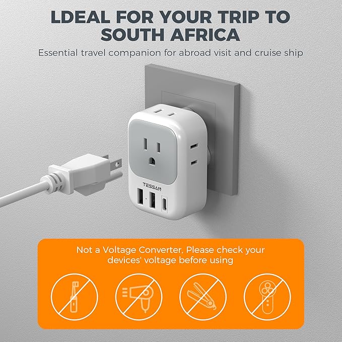 South Africa Plug Adapter 2 Pack, TESSAN Type M Power Adapter with 4 AC Outlets 3 USB Ports(1 USB C), Adaptor US to Botswana Namibia Nepal Bhutan