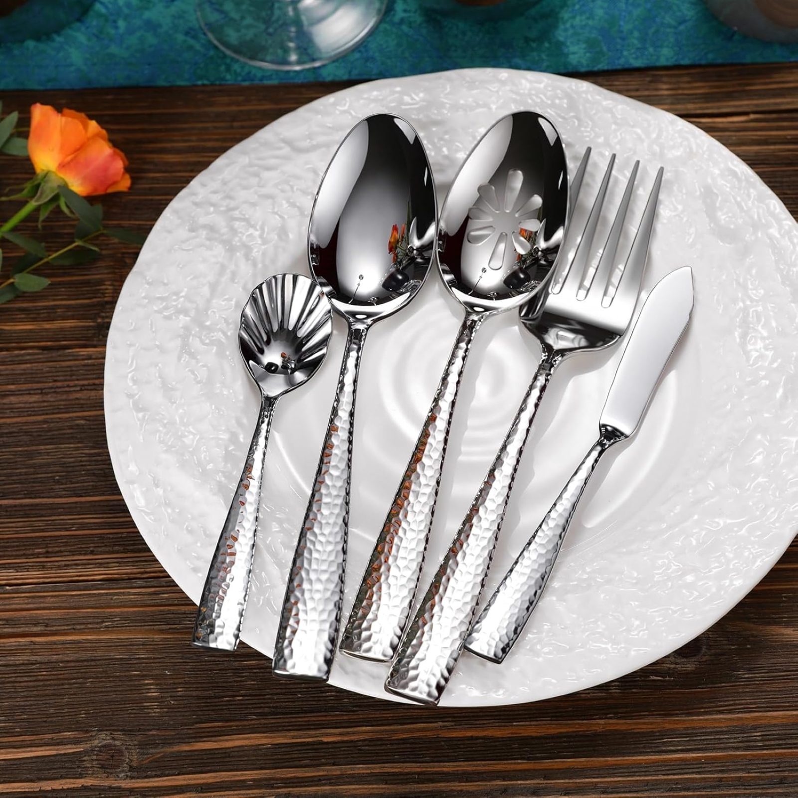 KEAWELL Premium Louis Hammered Serving Utensils, 18/10 Stainless Steel, Squared Edge Design, Mirror Finish, Dishwasher Safe (Hostess Serving Utensil Set)
