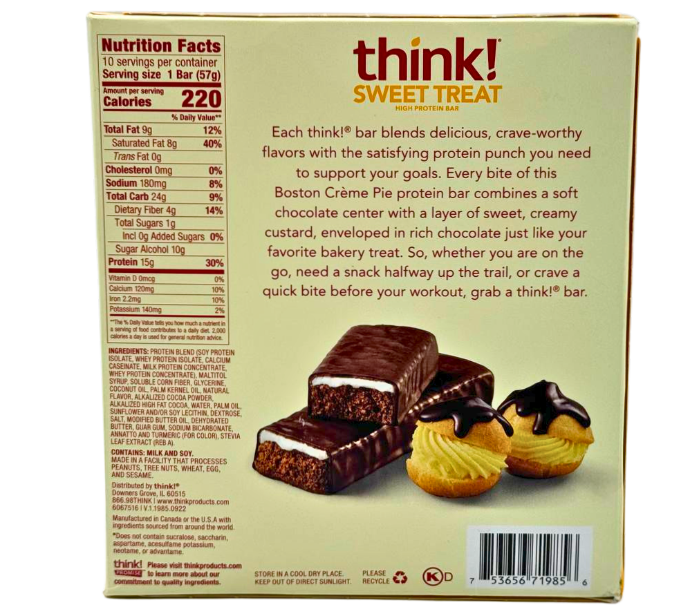 think! Protein Bars, High Protein Snacks, Gluten Free, Kosher Friendly, Sweet Treat, Boston Creme Pie, 10 Count (2 Boxes - 20 Total)