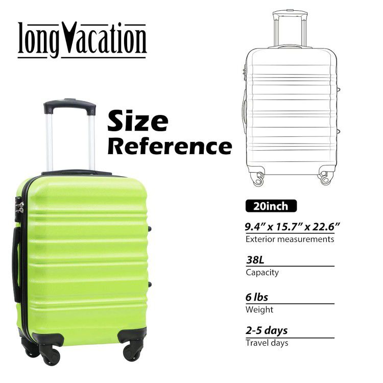 LONG VACATION 20 Inch Carry on Suitcase - ABS Hardshell Luggage - Apple Green