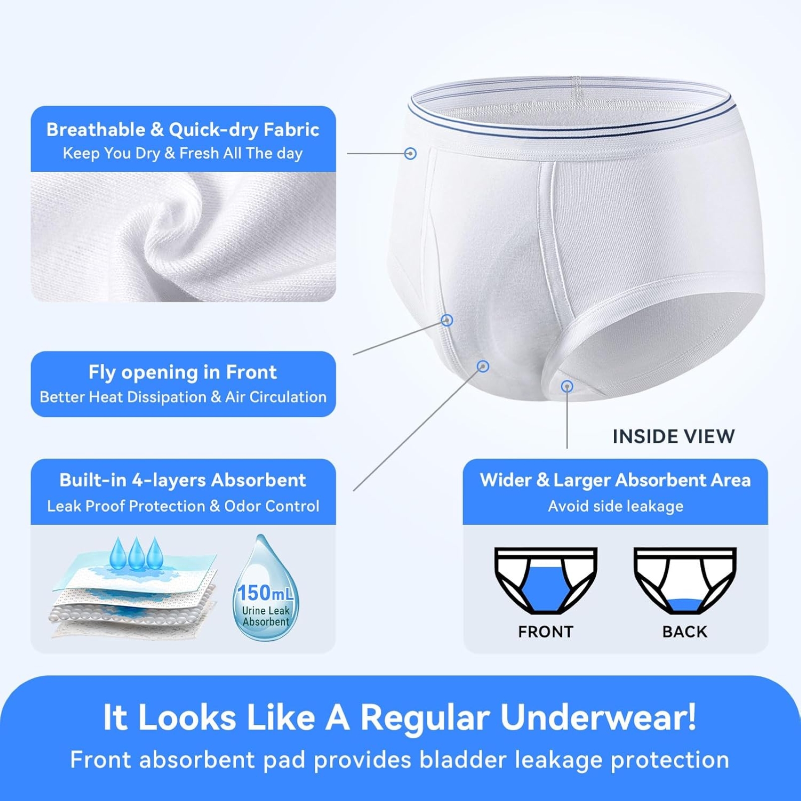Carer Mens Incontinence Underwear Washable 3 Pack Cotton Reusable Incontinence Boxers Briefs for Men Built in Cotton Pad for Bladder Leakage 150ML, 2X-Large