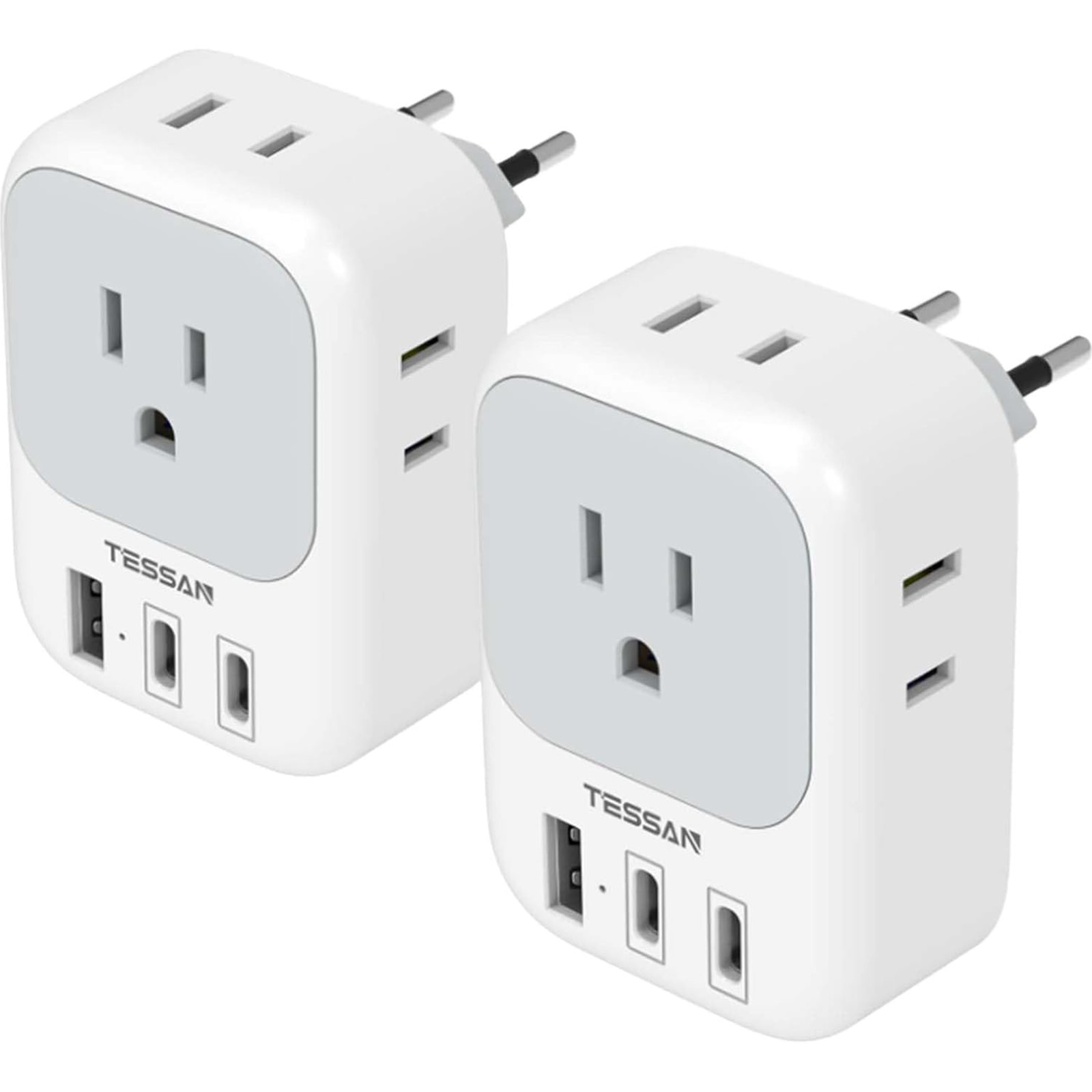 TESSAN US to Europe Plug Adapter with 4 Electrical Outlets 3 USB Ports, 2 Pack